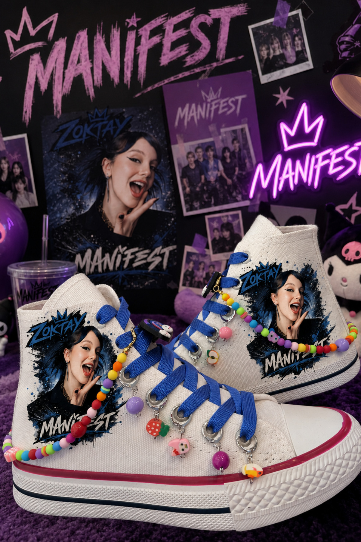 MECH BUTİK Manifest Baskılı Beyaz Bilekli Keten Spor Ayakkabı Sneaker