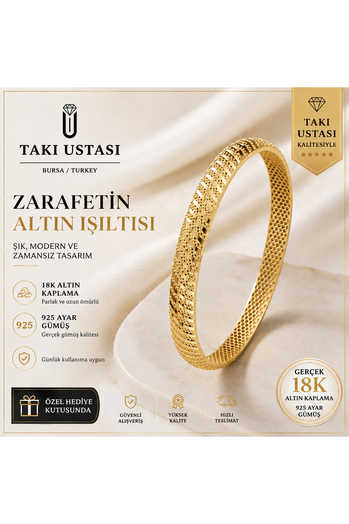 TAKI USTASI 925 Ayar Gümüş Ajda Bilezik 18K Altın Kaplama Zarif Şık Kadın Bileklik