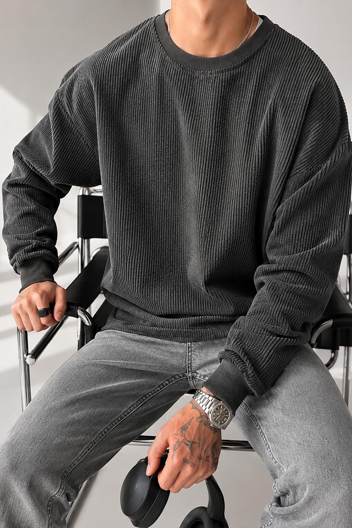 North London Erkek Fitilli Kadife Sweatshirt görsel 2