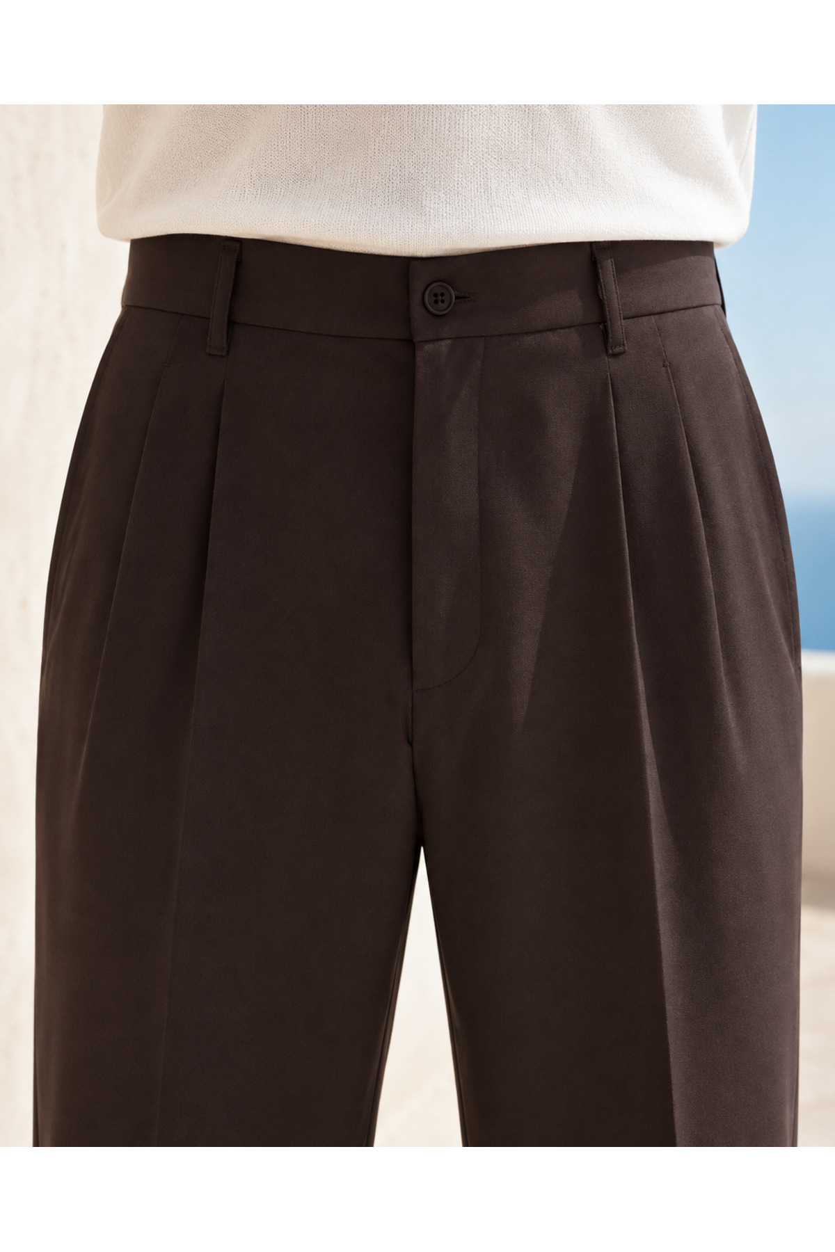Erkek Baggy Fit Pileli Kumaş Pantolon Kahverengi 0172DNGR — قهوه‌ای — تصویر 6 از 8