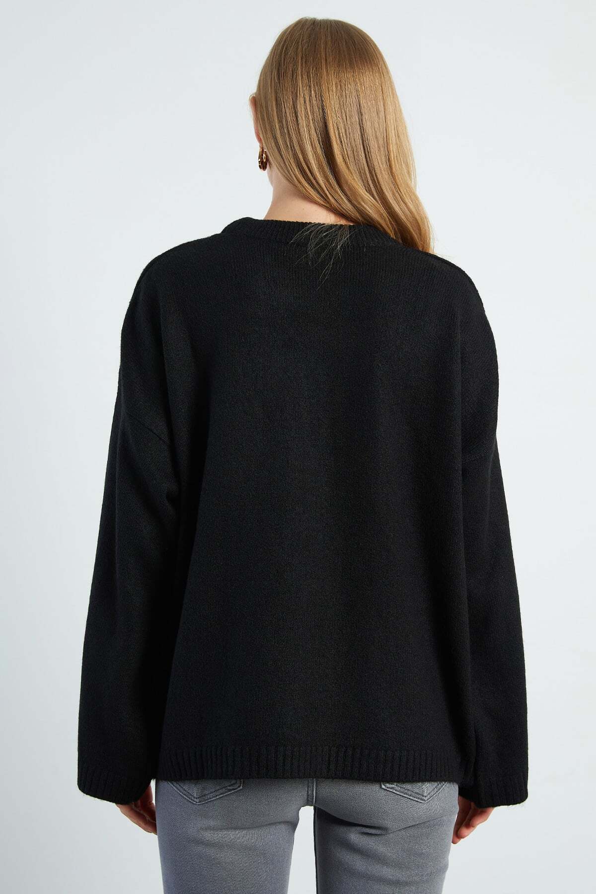 Fulla Moda Basic Bisiklet Yaka Salaş Triko Kazak görsel 7