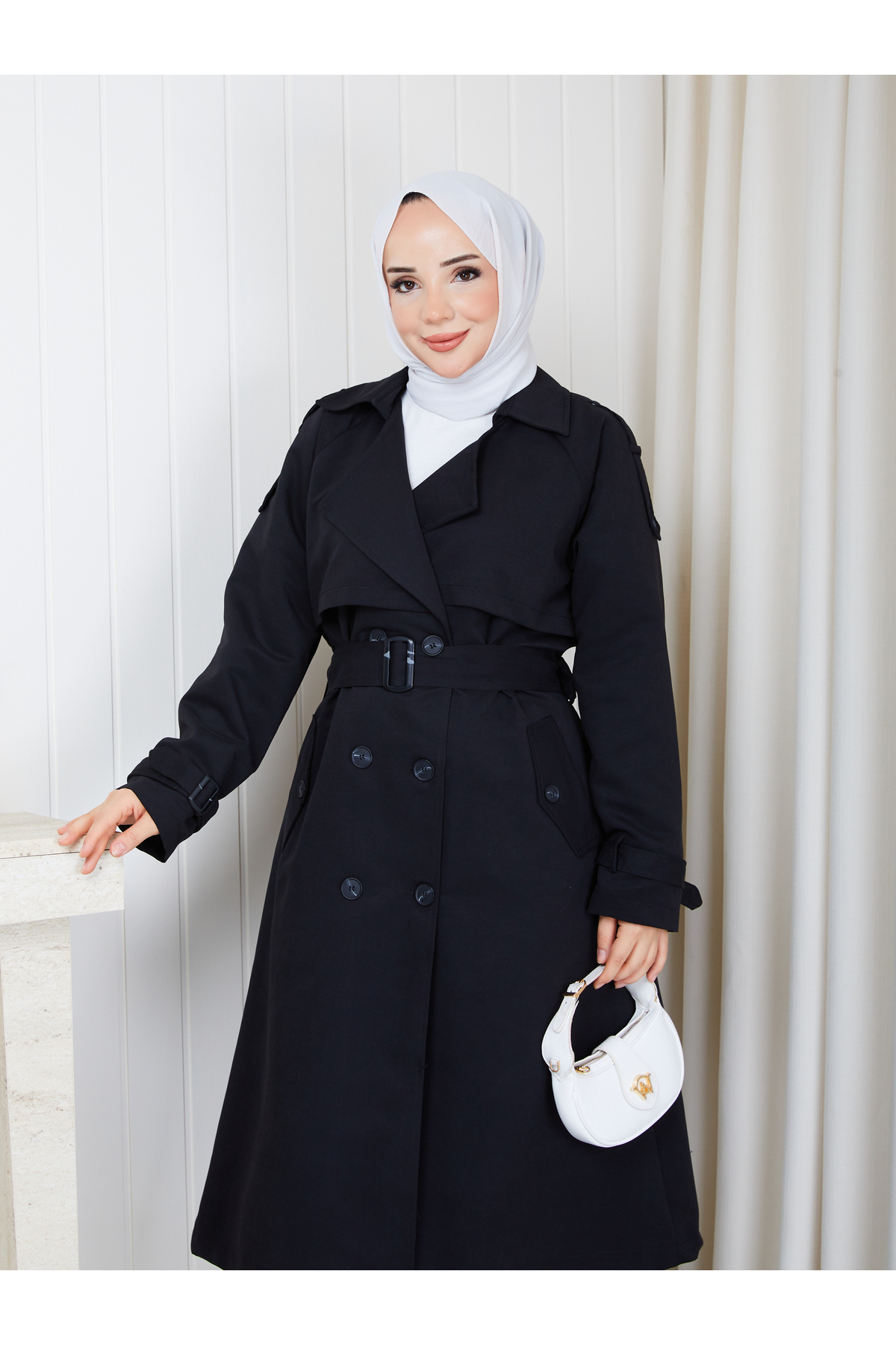 RACE FASHİON Kruvaze Yaka Kuşak Düğme Detaylı Astarlı Tesettür Trençkot RC3167 görsel 6