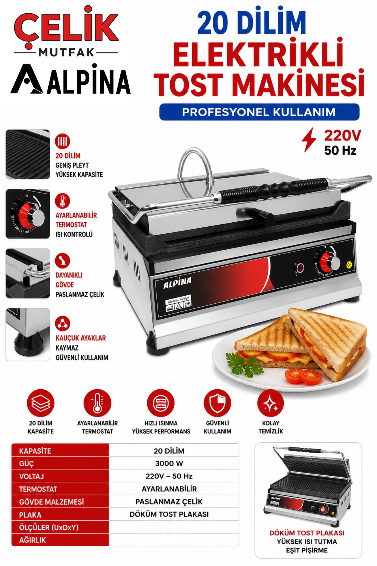 ALPİNA MUTFAK Alpina Tost Makinesi 8-16-20 Dilim Ev ve Sanayi Tipi Elektrikli Tostçu Büfe Tipi 220V - ÇELİK MUTFAK