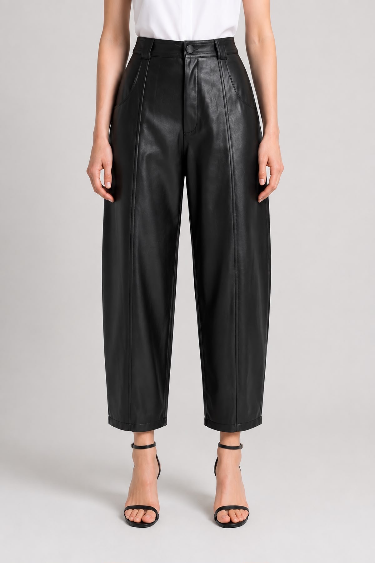 Grenj Fashion Siyah Yüksek Bel Barrel Boru Paça Suni Deri Pantolon