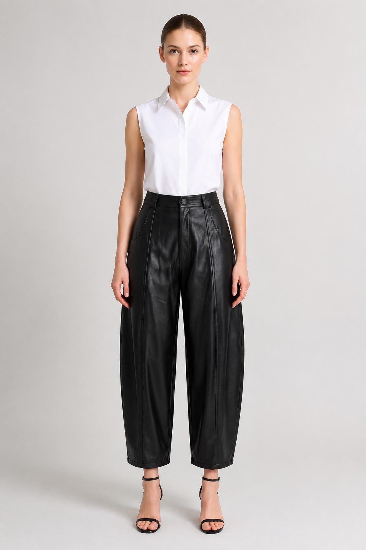 Grenj Fashion Siyah Yüksek Bel Barrel Boru Paça Suni Deri Pantolon görsel 6