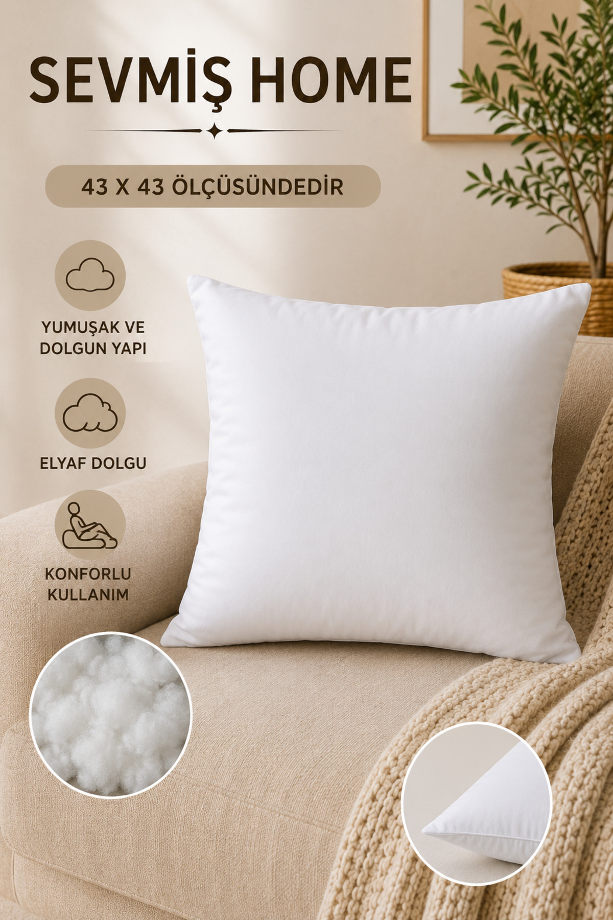 43x43 cm Kırlent İç Dolgusu 4'lü Set – Elyaf Dolgulu Yumuşak ve Dolgun Dekoratif Yastık İçi