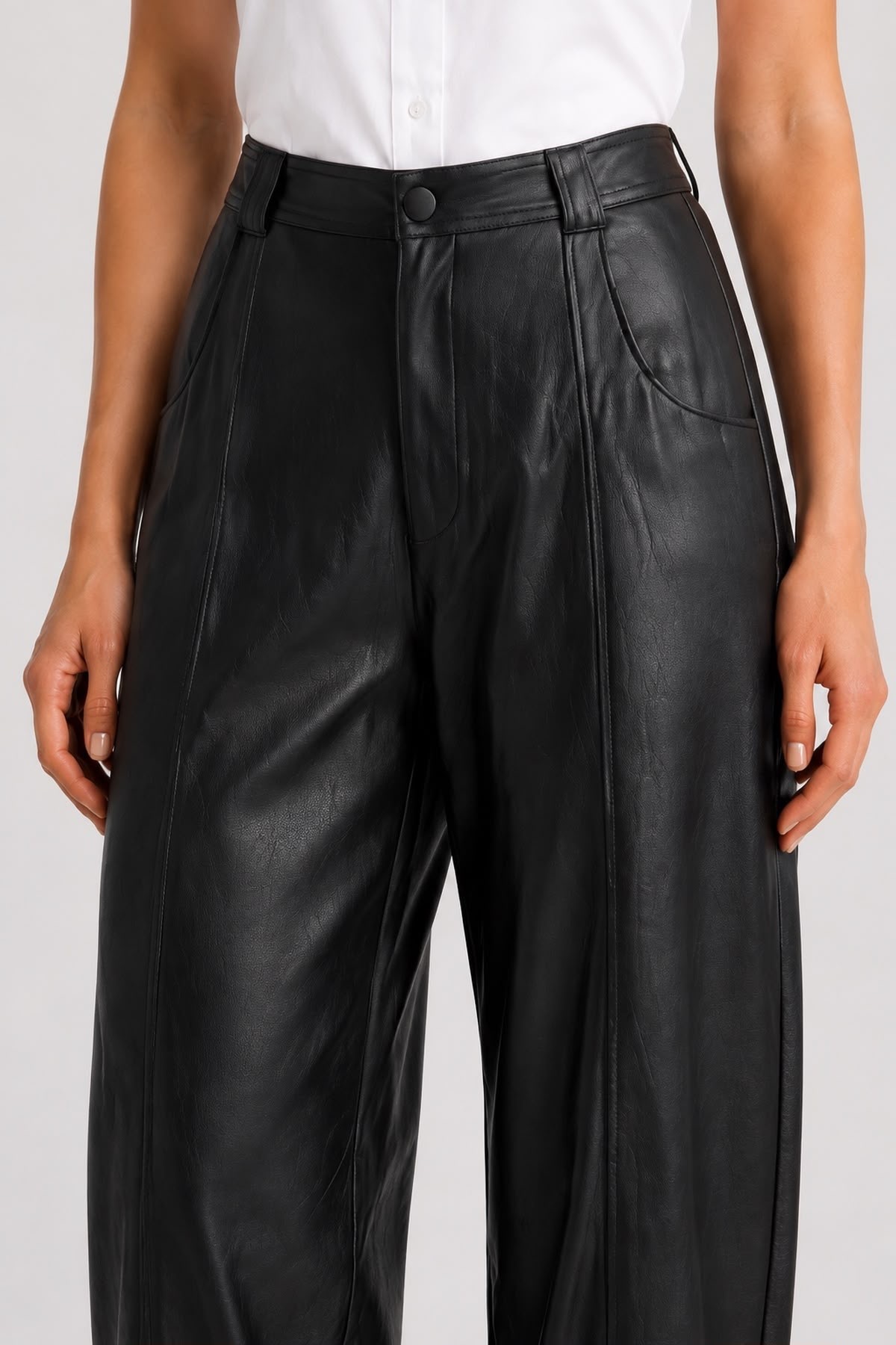 Grenj Fashion Siyah Yüksek Bel Barrel Boru Paça Suni Deri Pantolon görsel 5