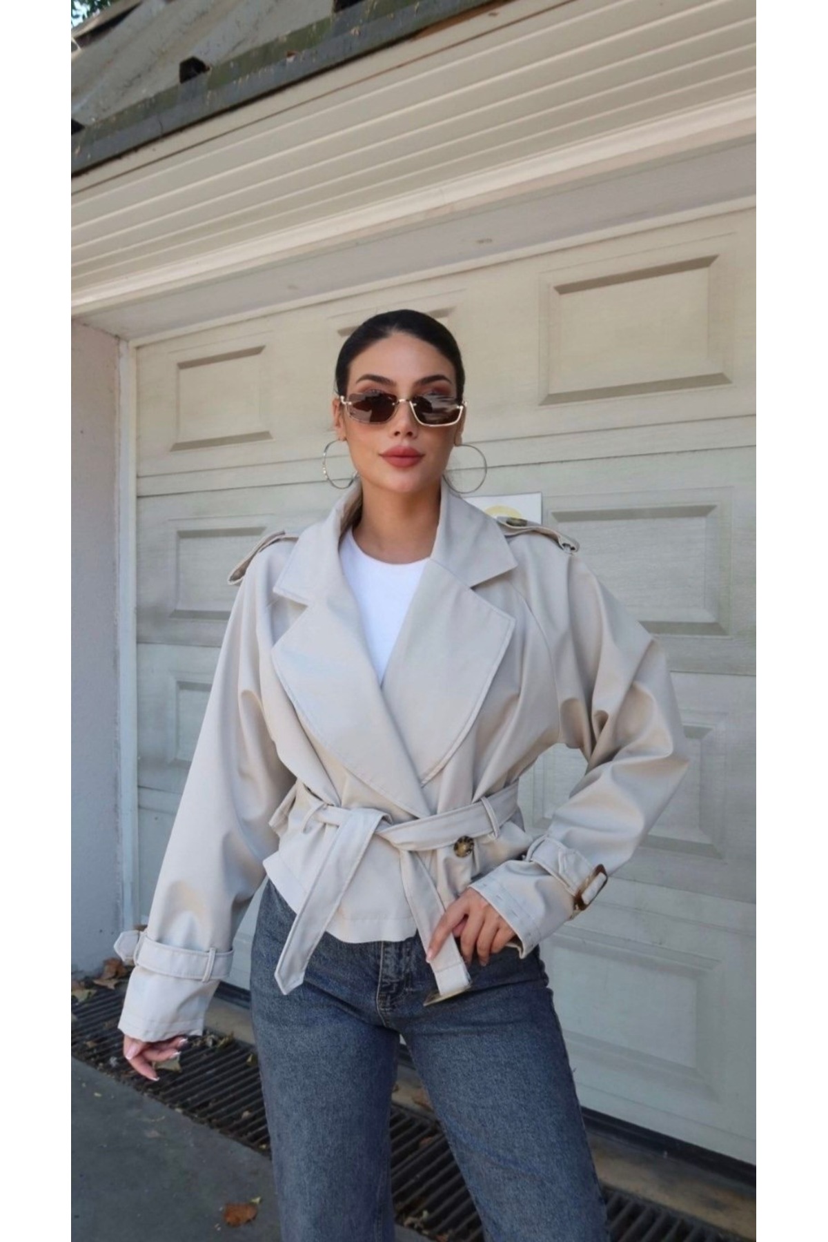 Ekim Store Kruvaze Kuşaklı Düğmeli Crop Trenç Ceket