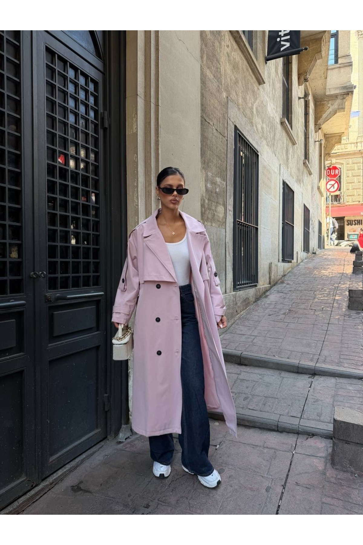 Ekim Store Oversize Pelerinli Kuşaklı Uzun Trençkot görsel 4