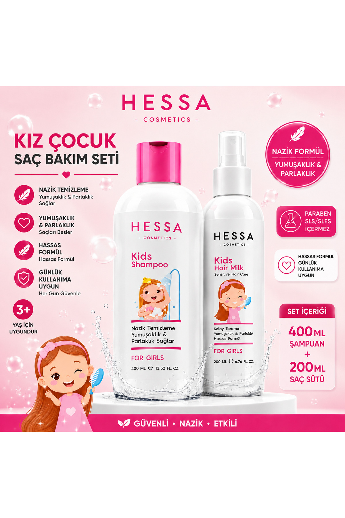 HESSA COSMETİCS Kız Çocuk Saç Bakım Seti | Kız Çocuk Şampuanı 400 ml + Saç Sütü 200ml — HESSA KIZ SET 01