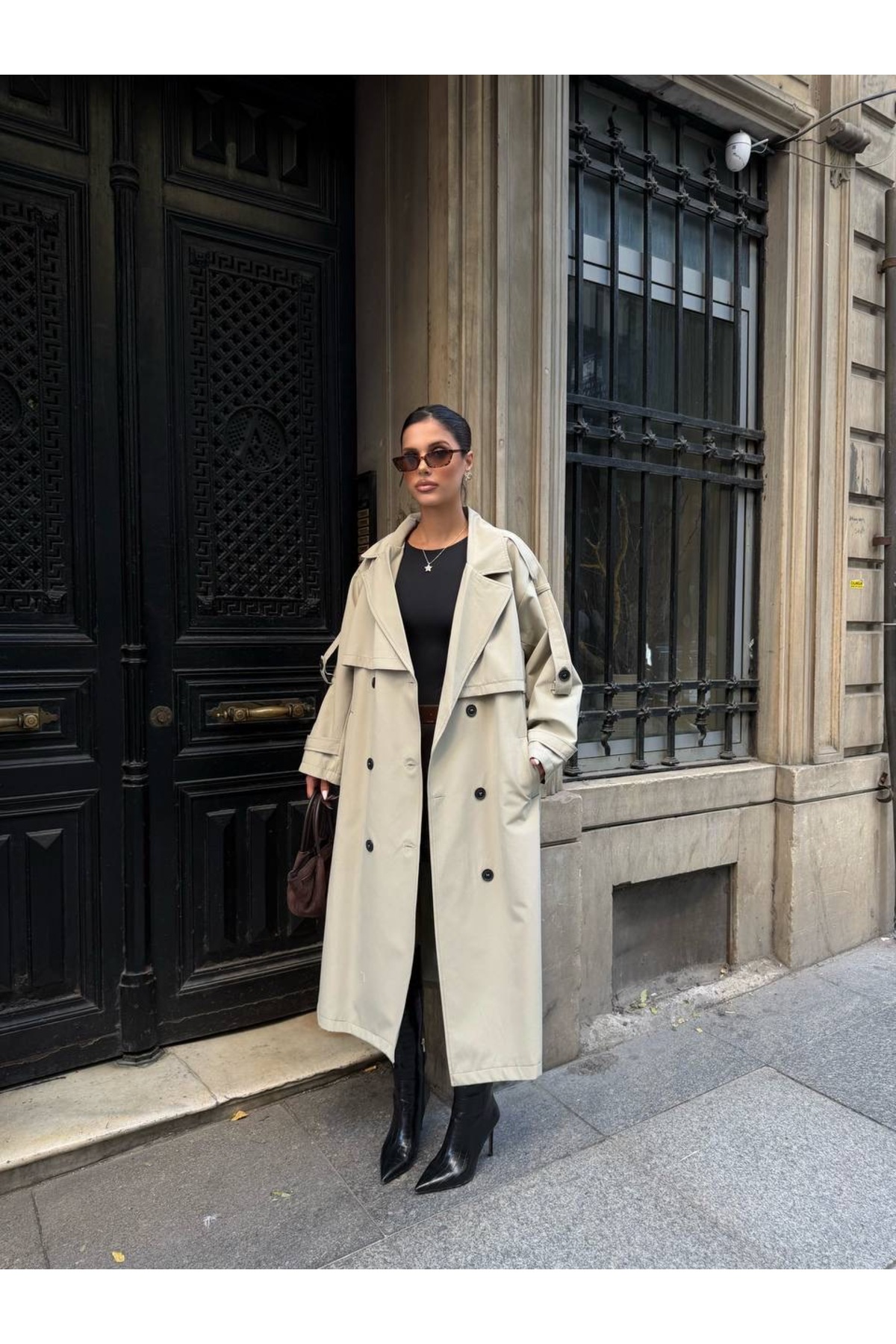 Ekim Store Oversize Pelerinli Kuşaklı Uzun Trençkot görsel 6