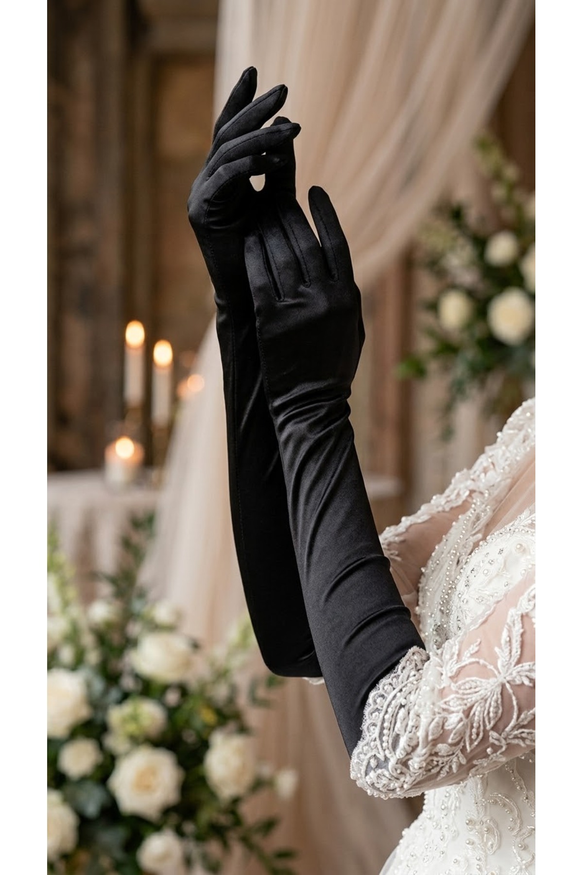 Massaltay Uzun Saten Gelin Eldiveni Beyaz Balo Eldiveni Düğün Nikah Nişan Abiye Kostüm Eldiveni