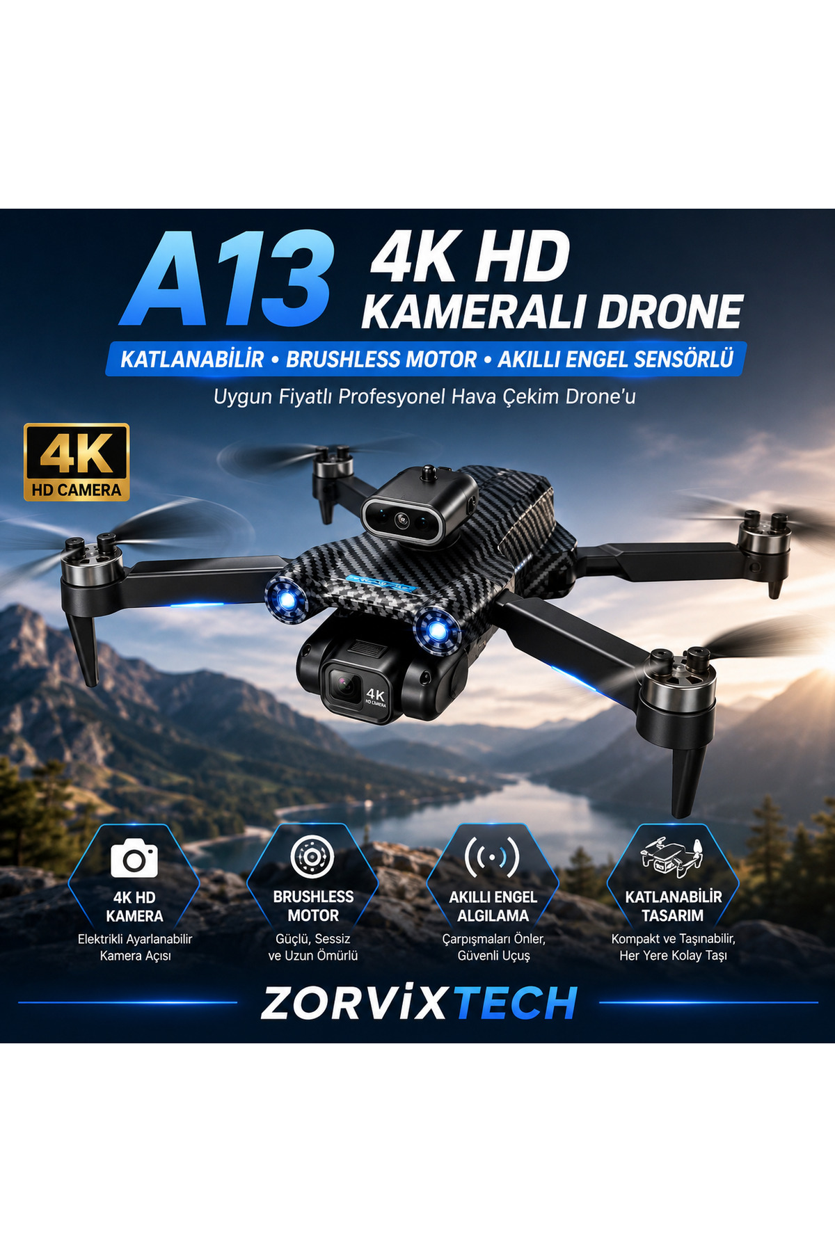 ZorvixTech A13 Kameralı Drone 4K HD Katlanabilir Brushless Motor Akıllı Engel Sensörlü