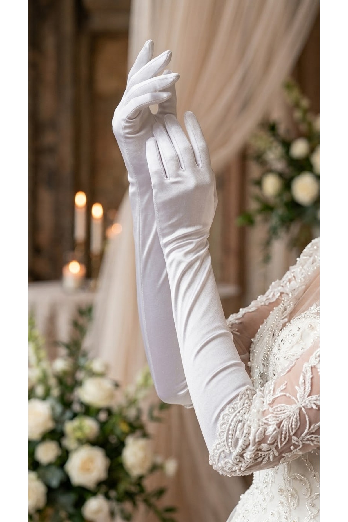 Massaltay Uzun Saten Gelin Eldiveni Beyaz Balo Eldiveni Düğün Nikah Nişan Abiye Kostüm Eldiveni