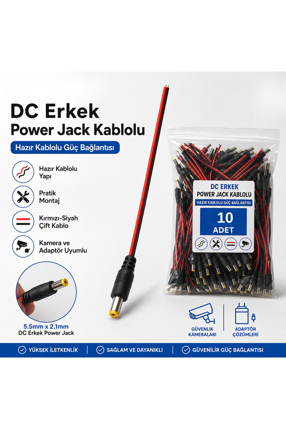 10 Adet DC Erkek Power Jack Kablolu 5.5x2.1mm – CCTV Güvenlik Kamera Adaptör Güç Bağlantı Kablosu