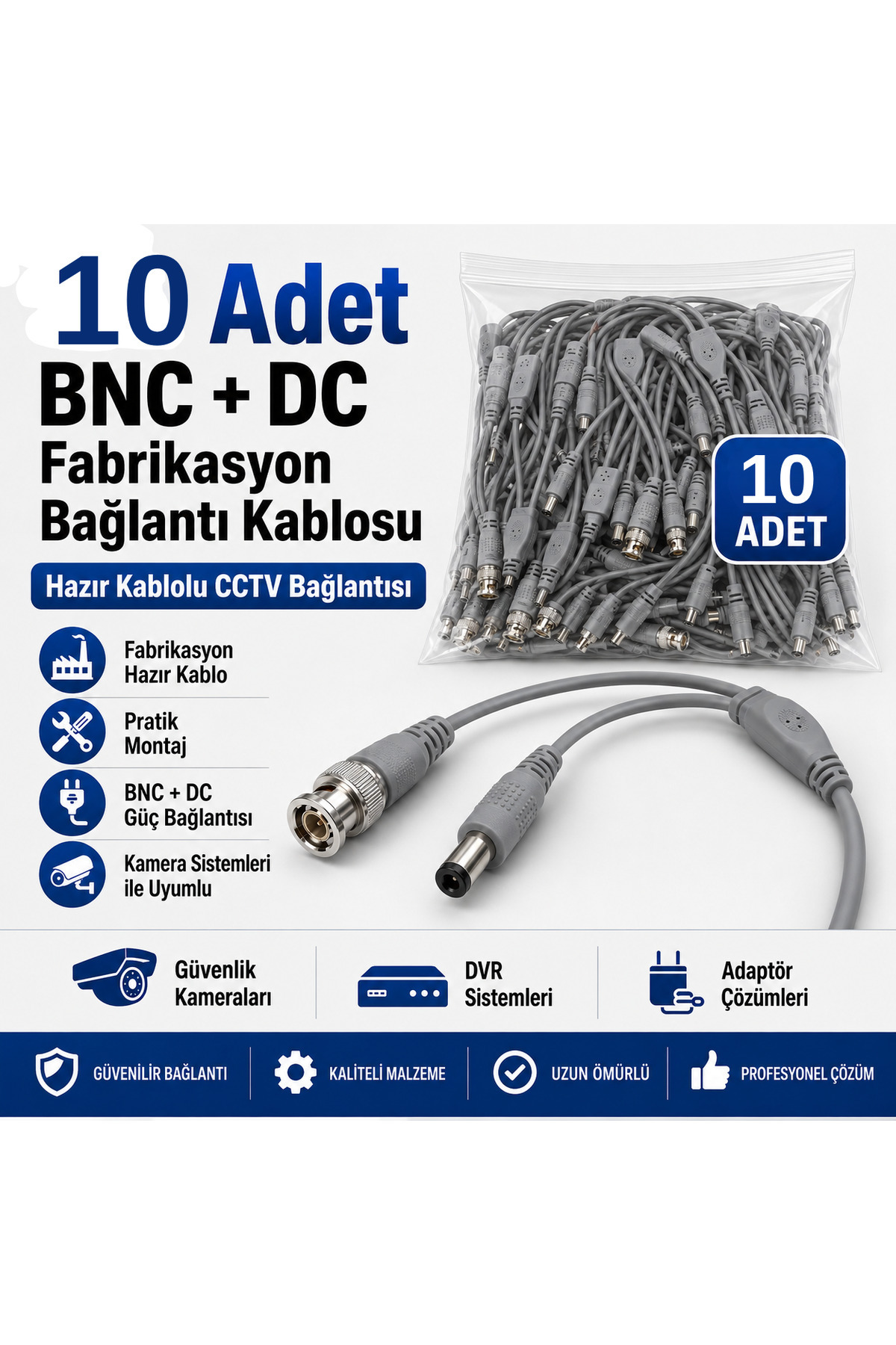 10 Adet Fabrikasyon BNC + DC Power Jack Kablolu CCTV Güvenlik Kamera Görüntü ve Güç Bağlantı Kablosu