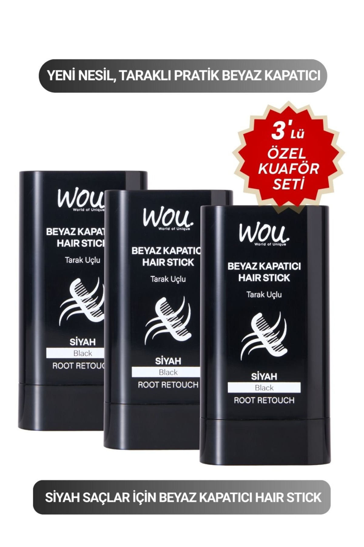 WOU World of Unique 3 Adet.Beyaz Kapatıcı Tarak Uçlu Saç Stick/Siyah.Anında Kapatıcı — 3LÜSİYAHBOYA