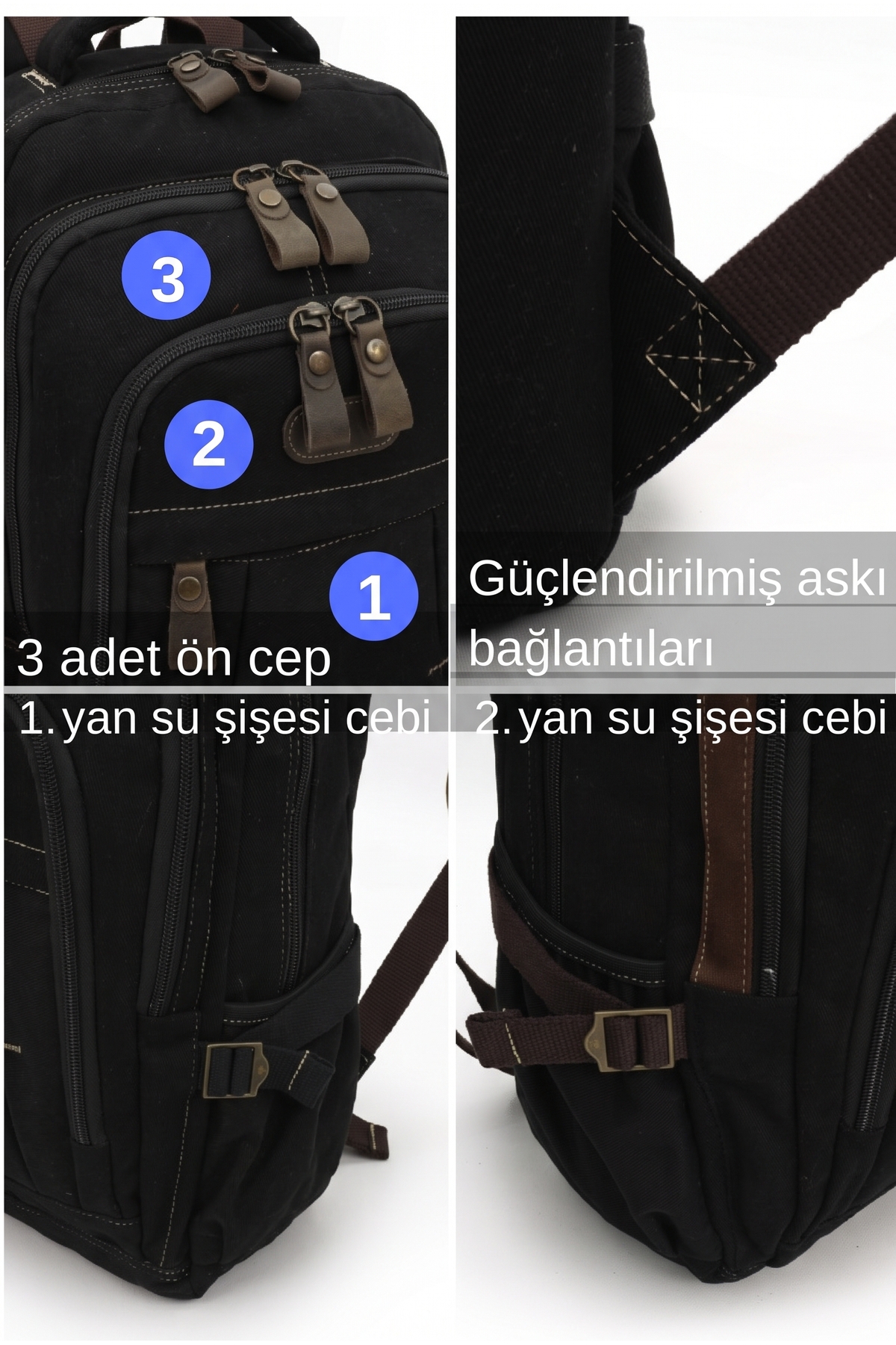 Cappadocia Vintage Siyah Vintage Sırt Çantası, 15.6 İnç Bilgisayar Bölmeli, Geniş Hacimli Hakiki Deri Detaylı Pamuklu Okul ve Seyahat Çantası görsel 5