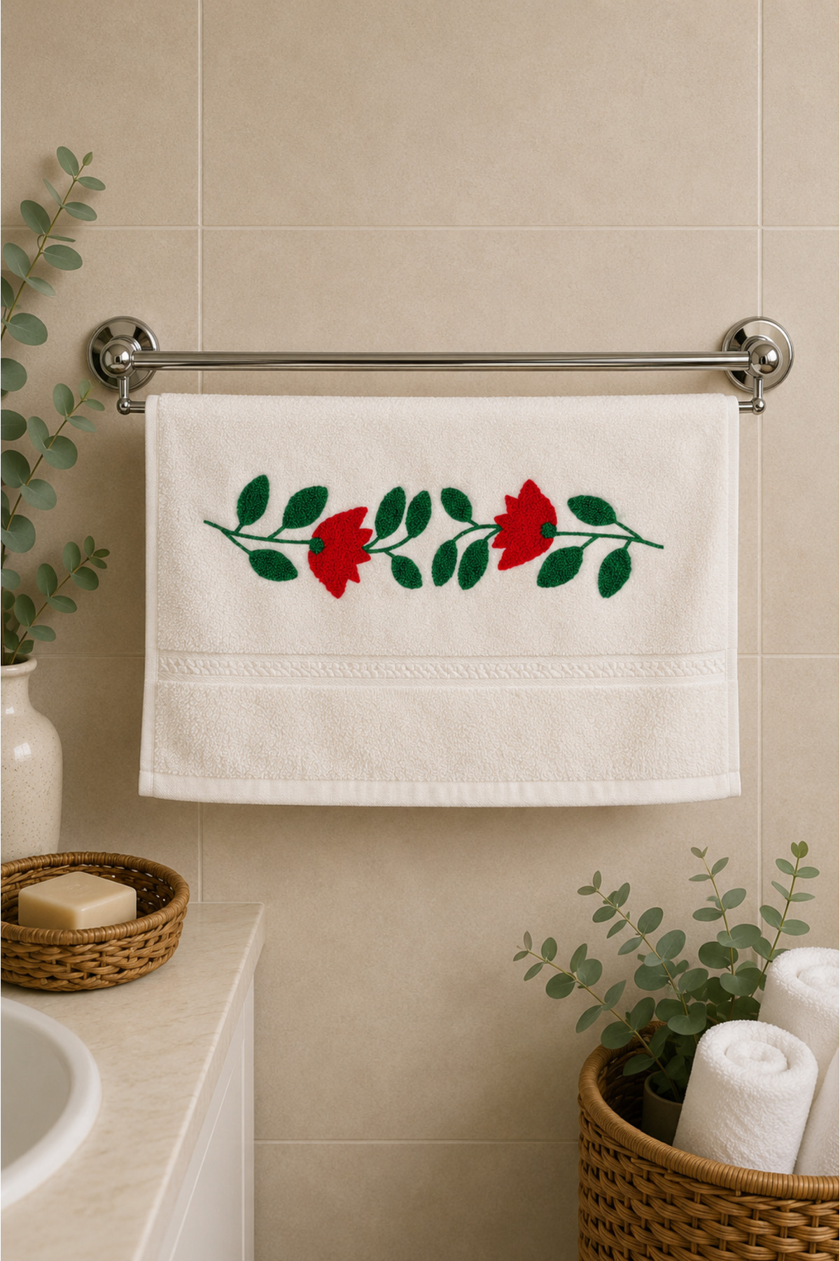 %100 Pamuk Nakışlı El Yüz Havlusu 50x90 cm – Yumuşak Dokulu Dekoratif Havlu