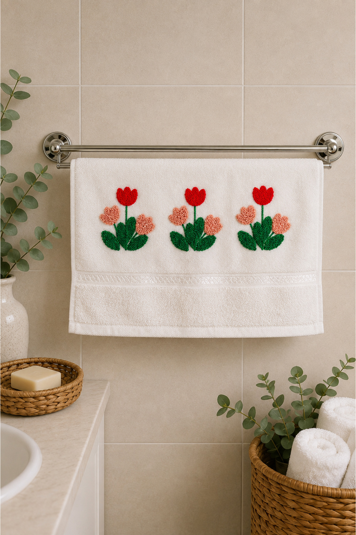 %100 Pamuk Nakışlı El Yüz Havlusu 50x90 cm – Yumuşak Dokulu Dekoratif Havlu