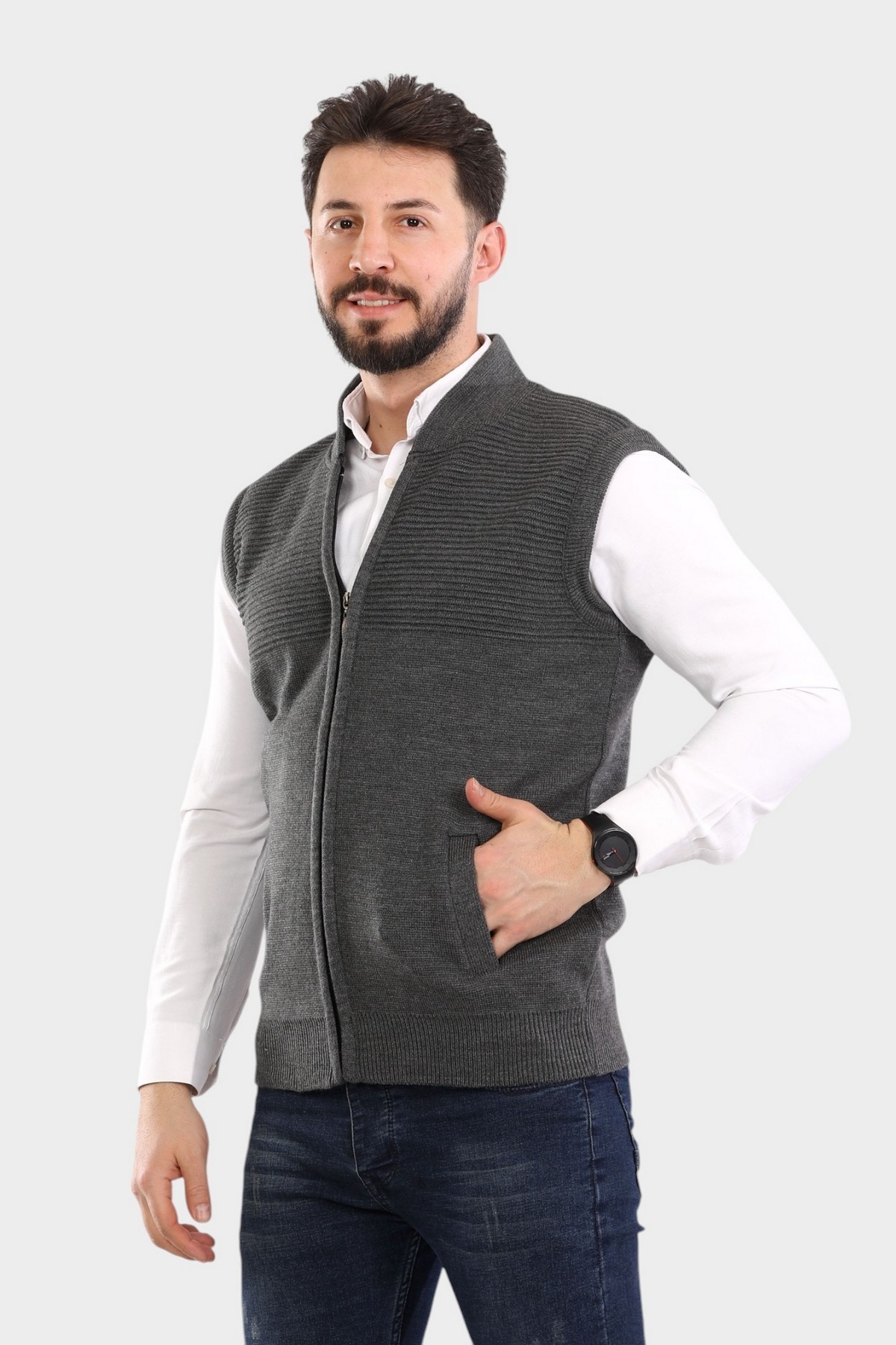 KZC TEKSTİL Erkek Gri Triko Örgü Fermuarlı Yelek Çift Cepli Baba Triko Yelek görsel 3