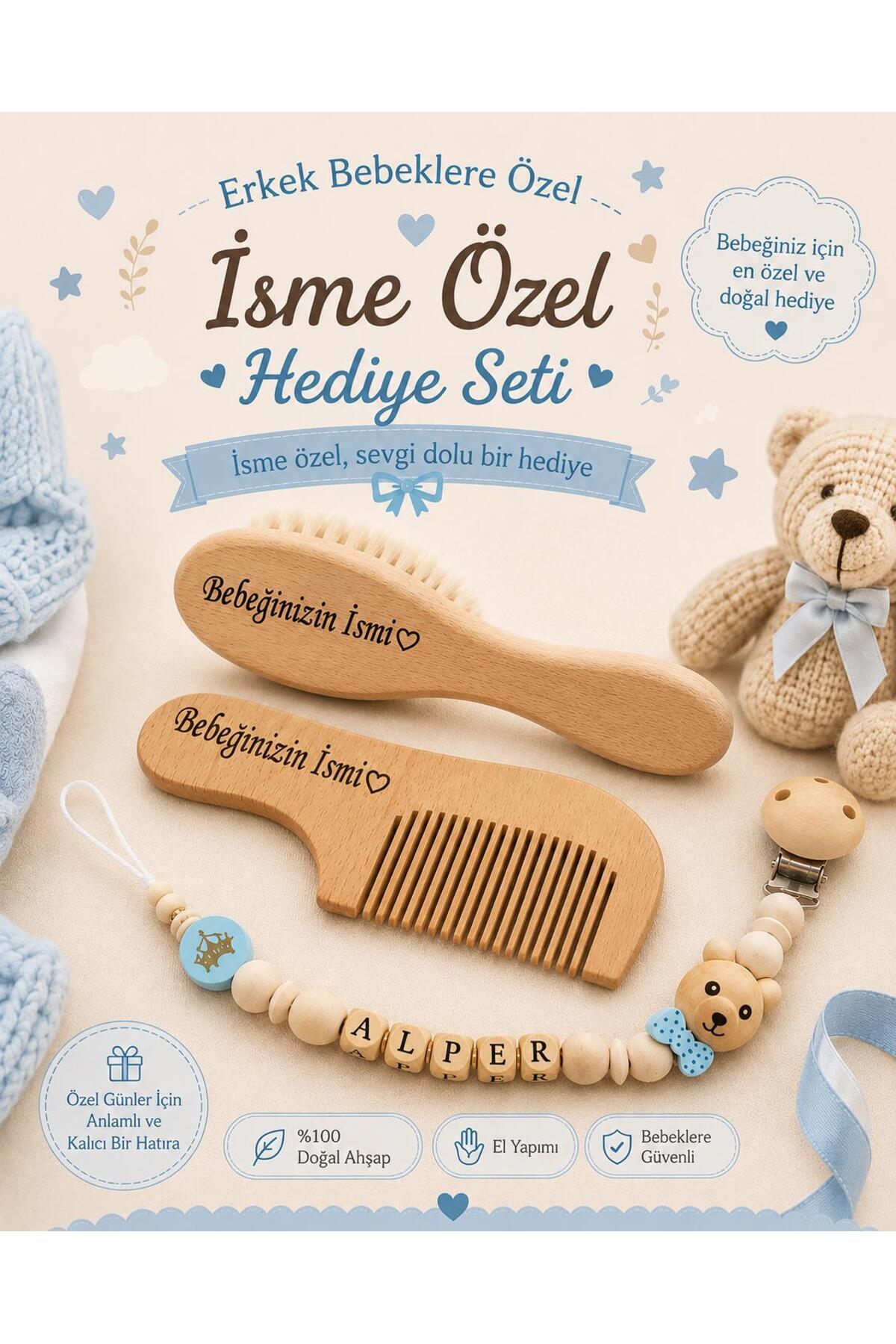 Ayana Cosmetic Bebeklere özel isimli emzik askı zinciri ve tarak set (erkek)
