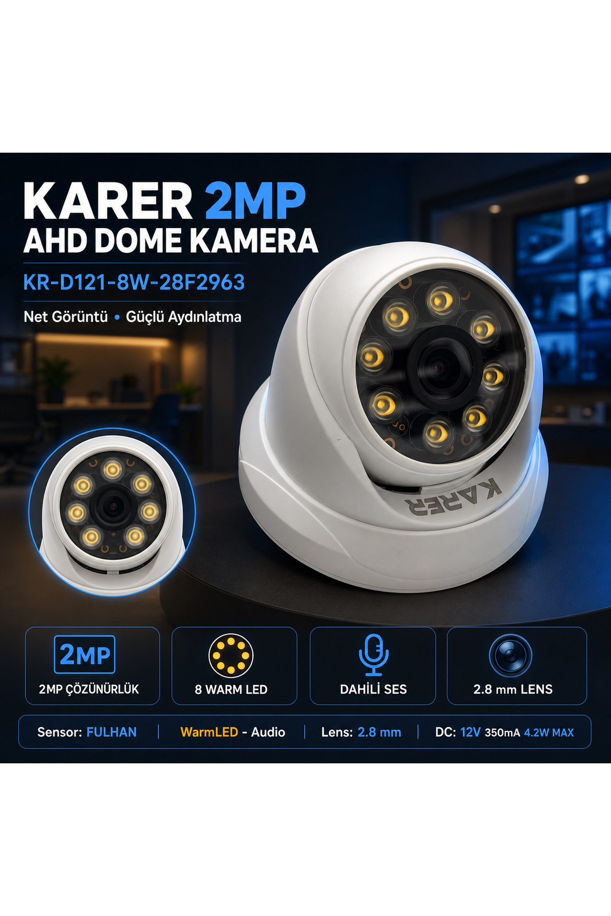 2MP AHD Dome Kamera – 8 Warm LED, Dahili Ses, 2.8 mm Lens