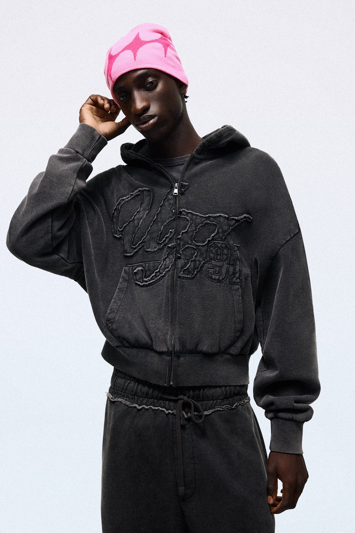 Yıkamalı fermuarlı kapüşonlu sweatshirt