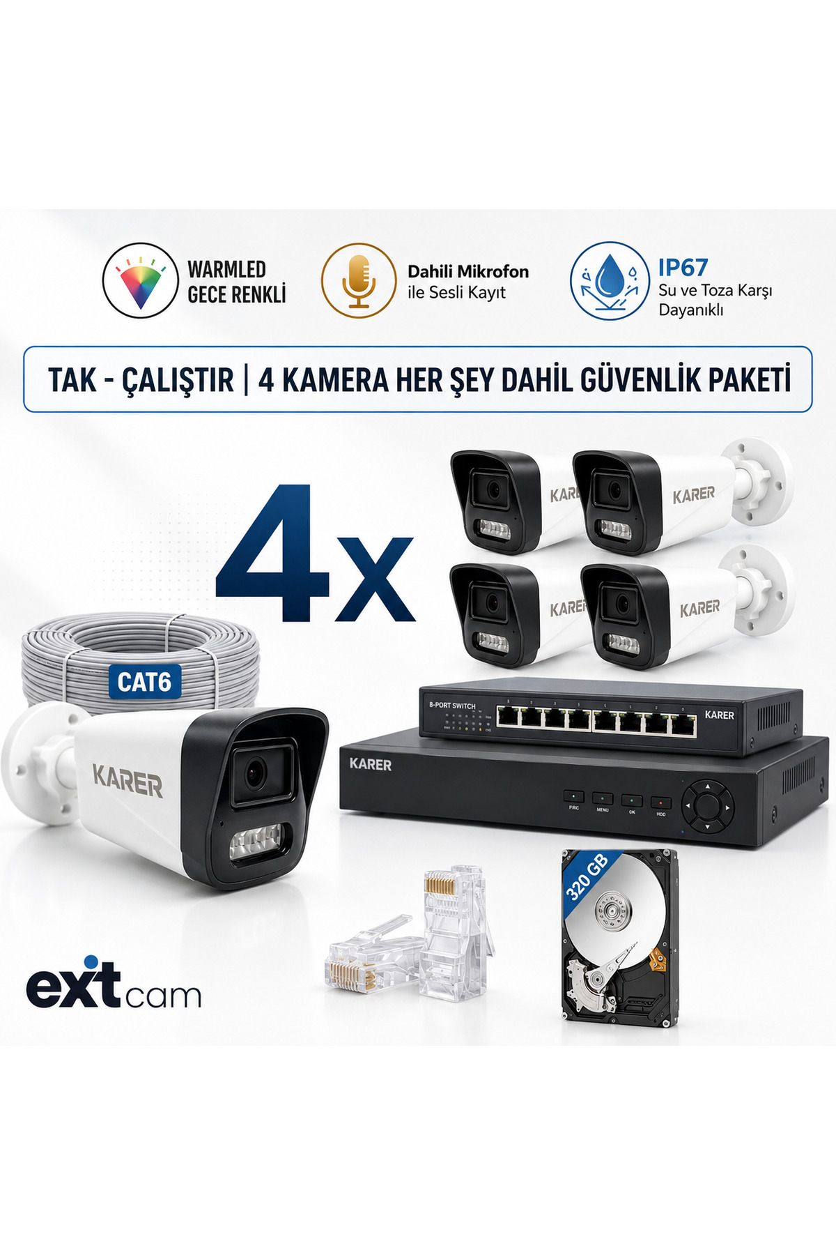 4'lü ULTRA HD Serisi 5MP IP Kamera Paketi: Sesli & Renkli Gece Görüşlü POE Sistemi,İnsan ve Plaka Al