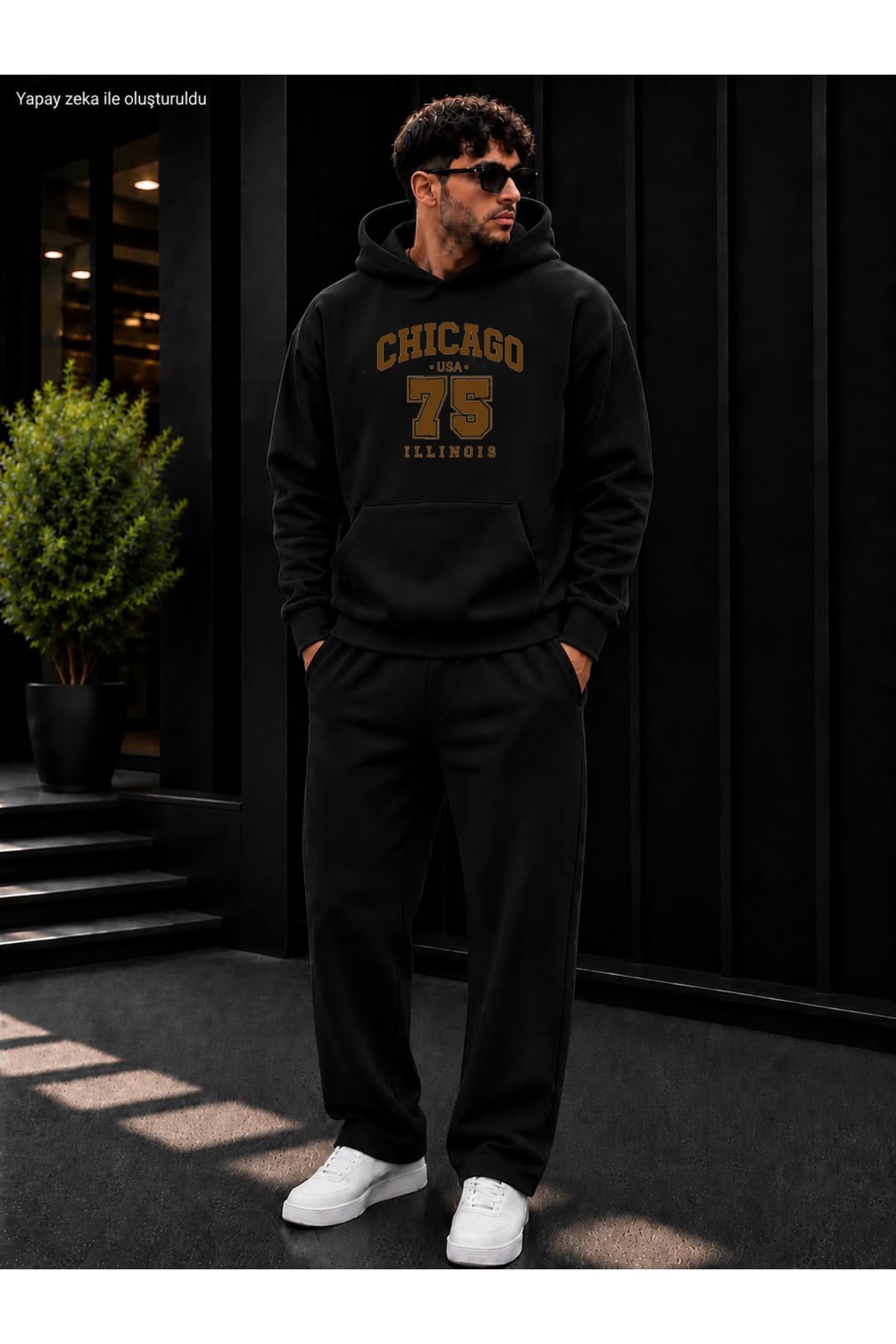 Erkek Chicago 75 Baskılı Eşofman Takımı / Kapüşonlu Kanguru Cepli Sweatshirt ve Düz Paça Alt — مشکی CKTK260805