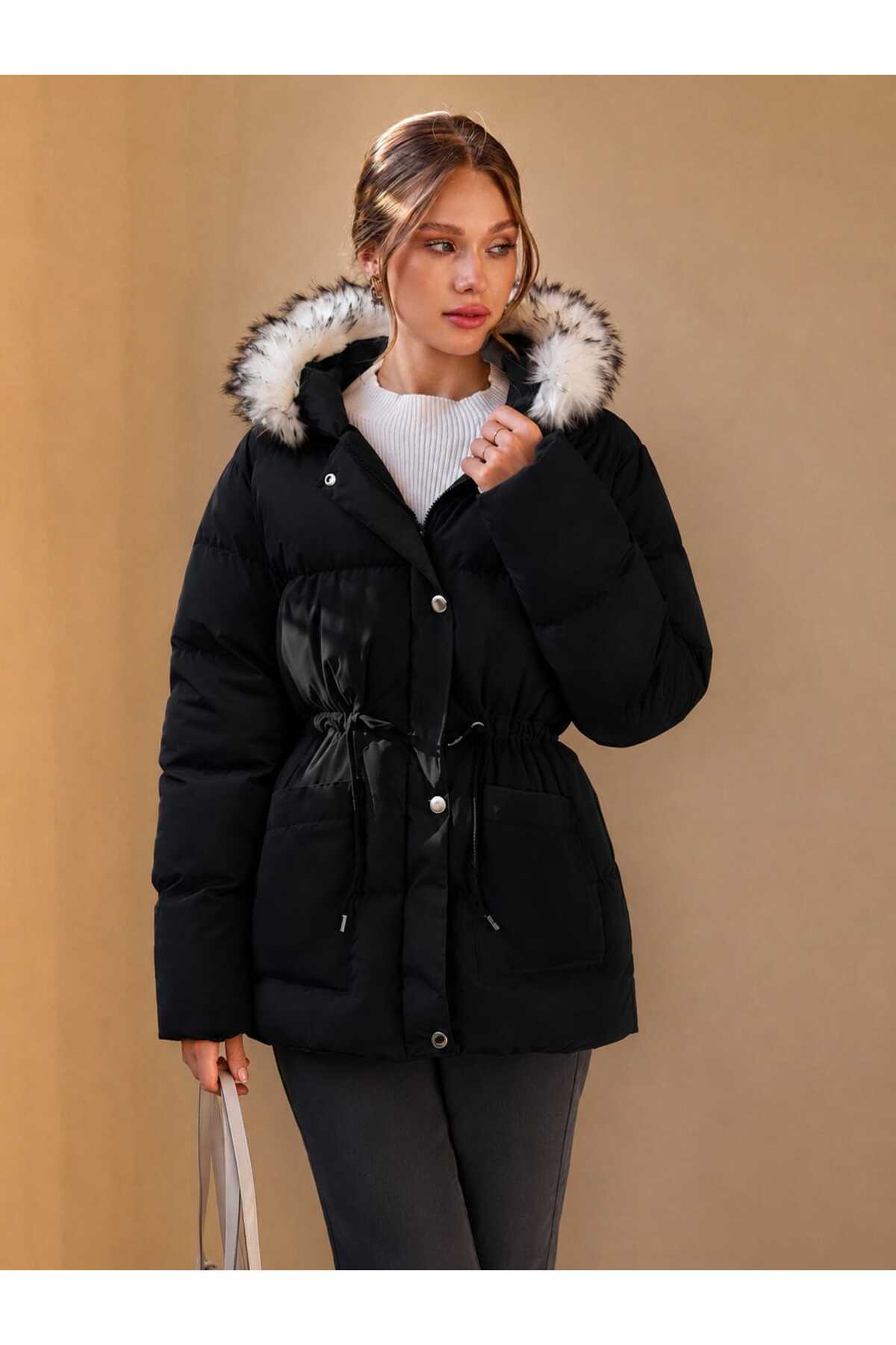 ALANOVA FASHION KADIN CEP DETAYLI KÜRK KAPUŞONLU CHIC MONT