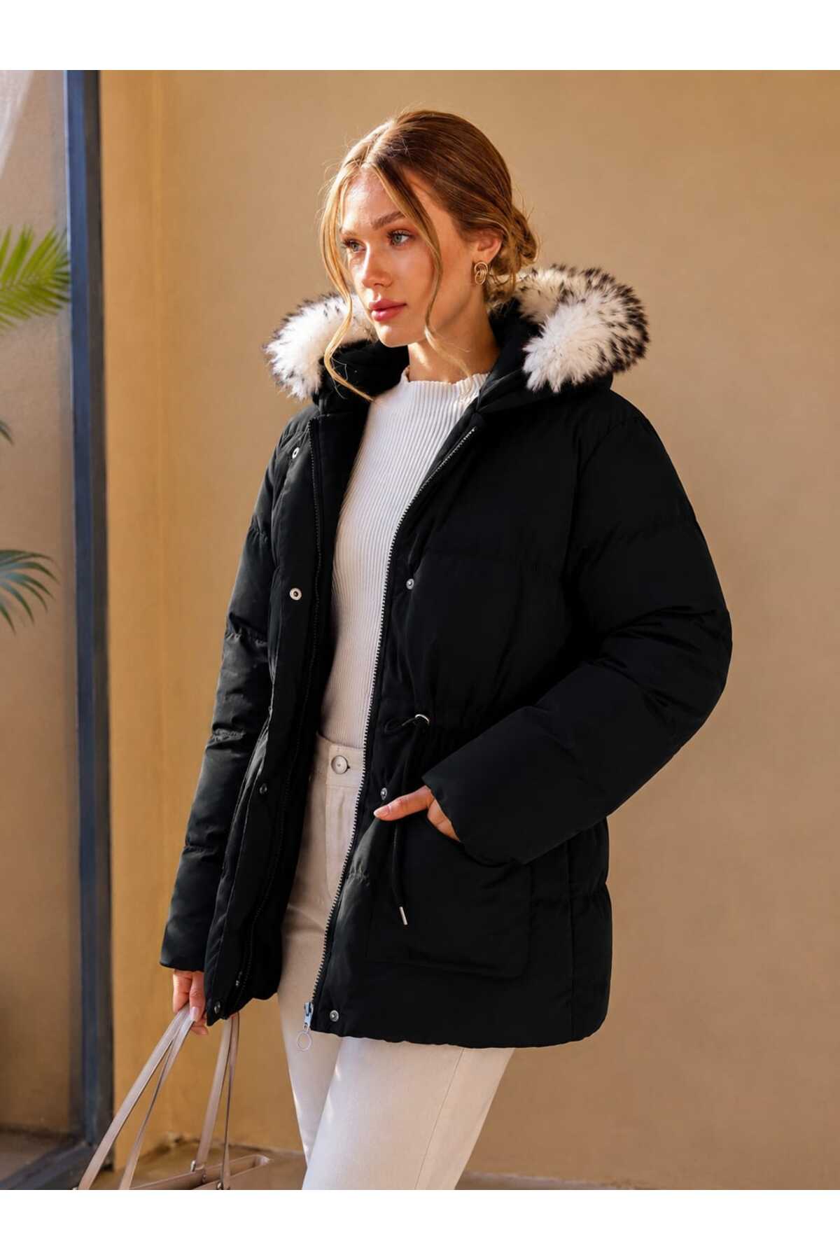 ALANOVA FASHION KADIN CEP DETAYLI KÜRK KAPUŞONLU CHIC MONT görsel 4