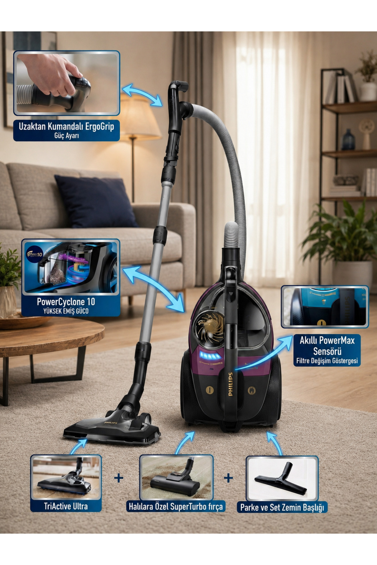 Philips ELVT Yeni Seri LED Işıklı Başlıklı Kumandalı Kontrol Evcil Hayvan Tüyleri Için Super Turbo Fırçalı ve Sert Zemin Başlıklı Marathon Ultimate Toz Torbasız Süpürge
