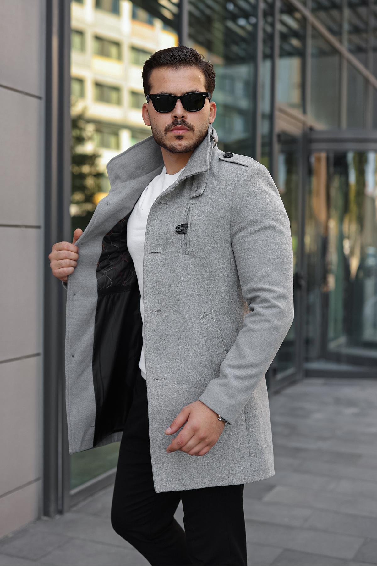 Erkek Regular Kalıp Uzun Kaşe Kaban — خاکستری EZEL