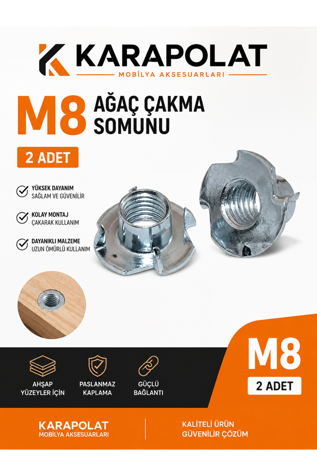 KARAPOLAT M8 Ağaçakma Somunu 2 Adet – Mobilya Ahşap Bağlantı Somunu