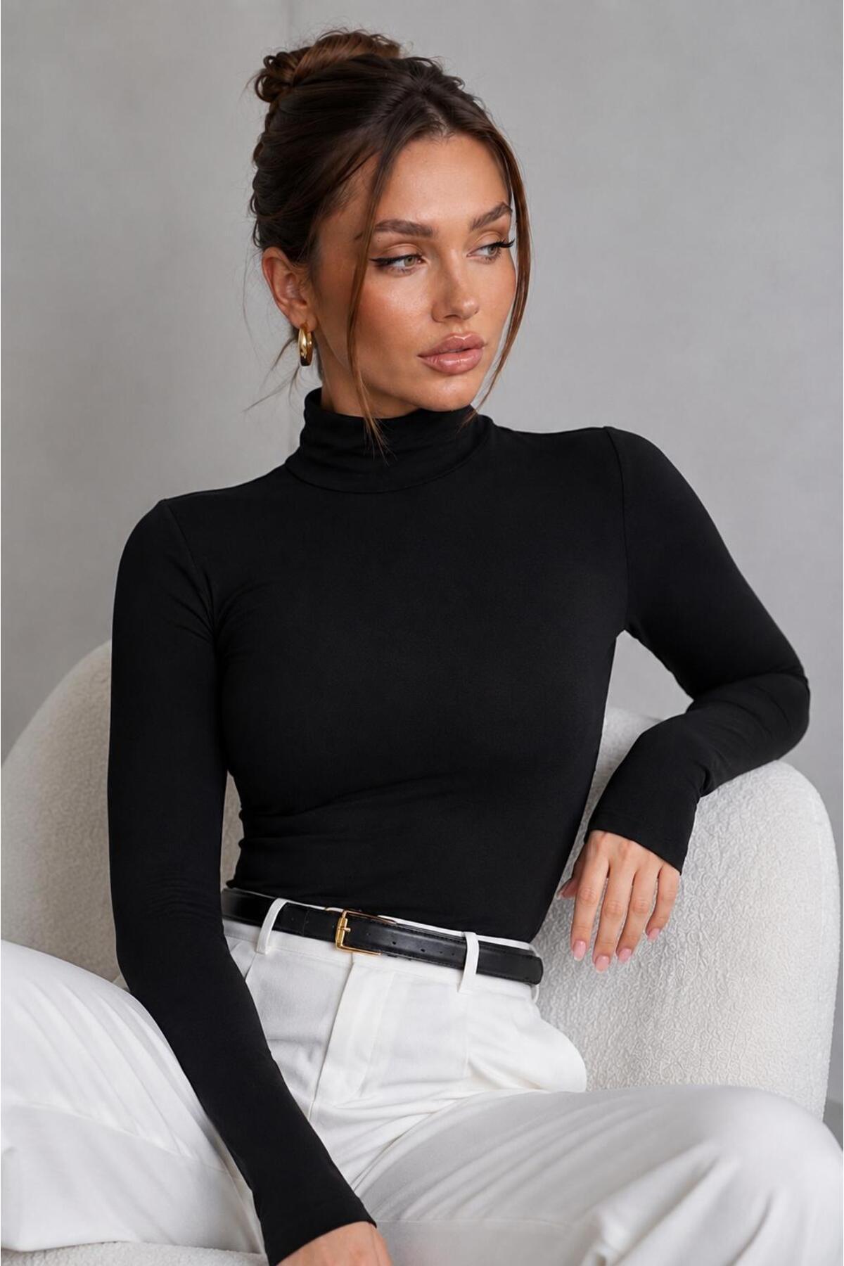 MODiSCHO Kadın Dik Yaka Slim Fit Parmak Geçmeli Ultra Soft Yumuşak Esnek Likralı Pamuklu Basic Body&Bluz