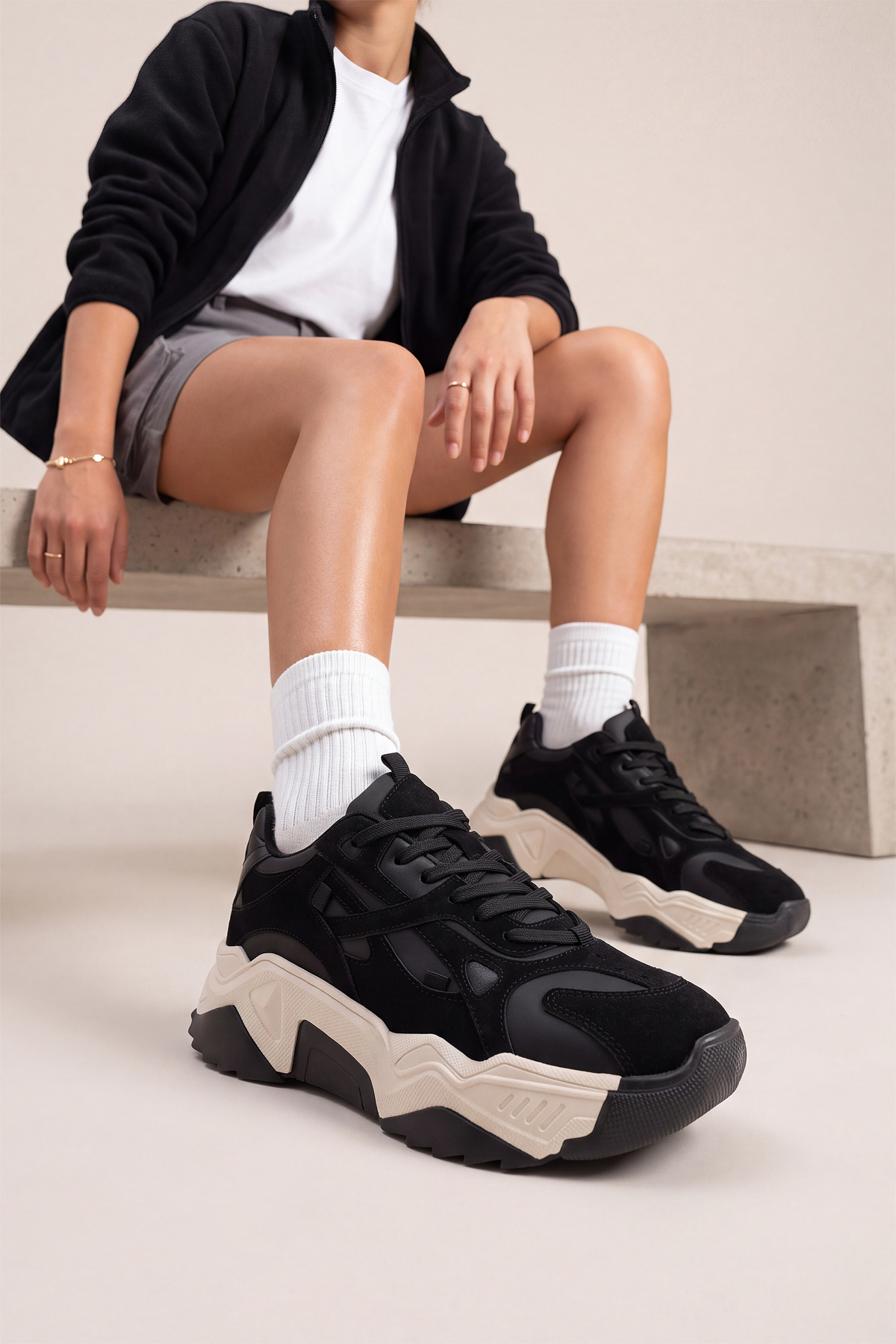 Marjin Kadın Sneaker Kalın Taban Bağcıklı Spor Ayakkabı Pizen Siyah görsel 2