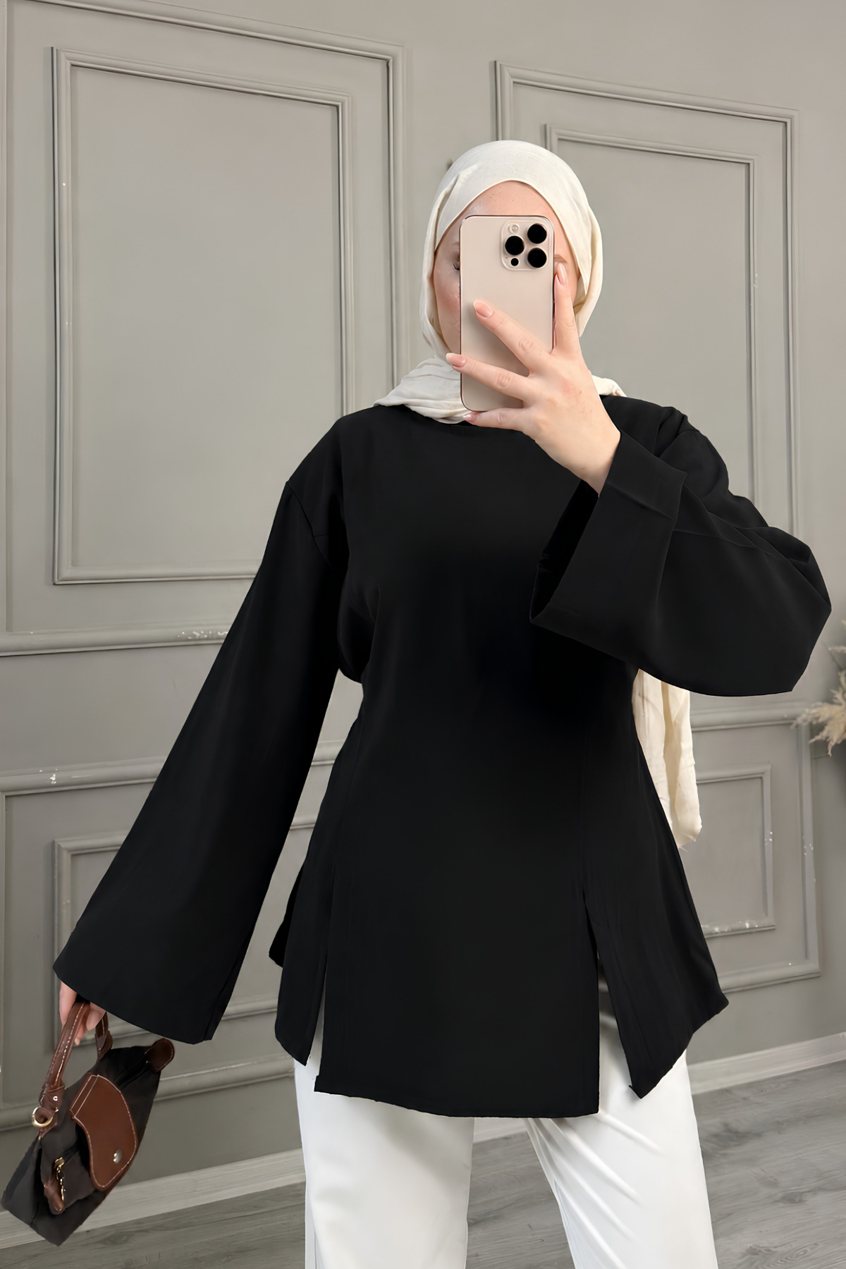 onlymoon Siyah Kadın Modal Kumaş Çift Yırtmaç Detaylı Arkadan Bağlamalı Tunik | Uzun Kollu Rahat Kalıp Dökümlü Tesettür Tunik | Günlük Şık Modern Kadın Üst Giyim Zarif Tasarım Konforlu Model görsel 3