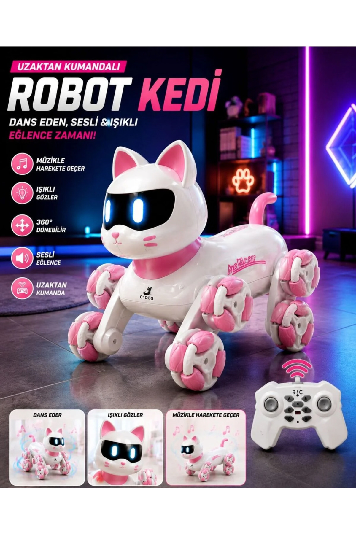 Uzaktan Kumandalı LED Işıklı Ses Efektli 360° Hareket Eden Oyuncak Akıllı Robot Kedi 23 cm
