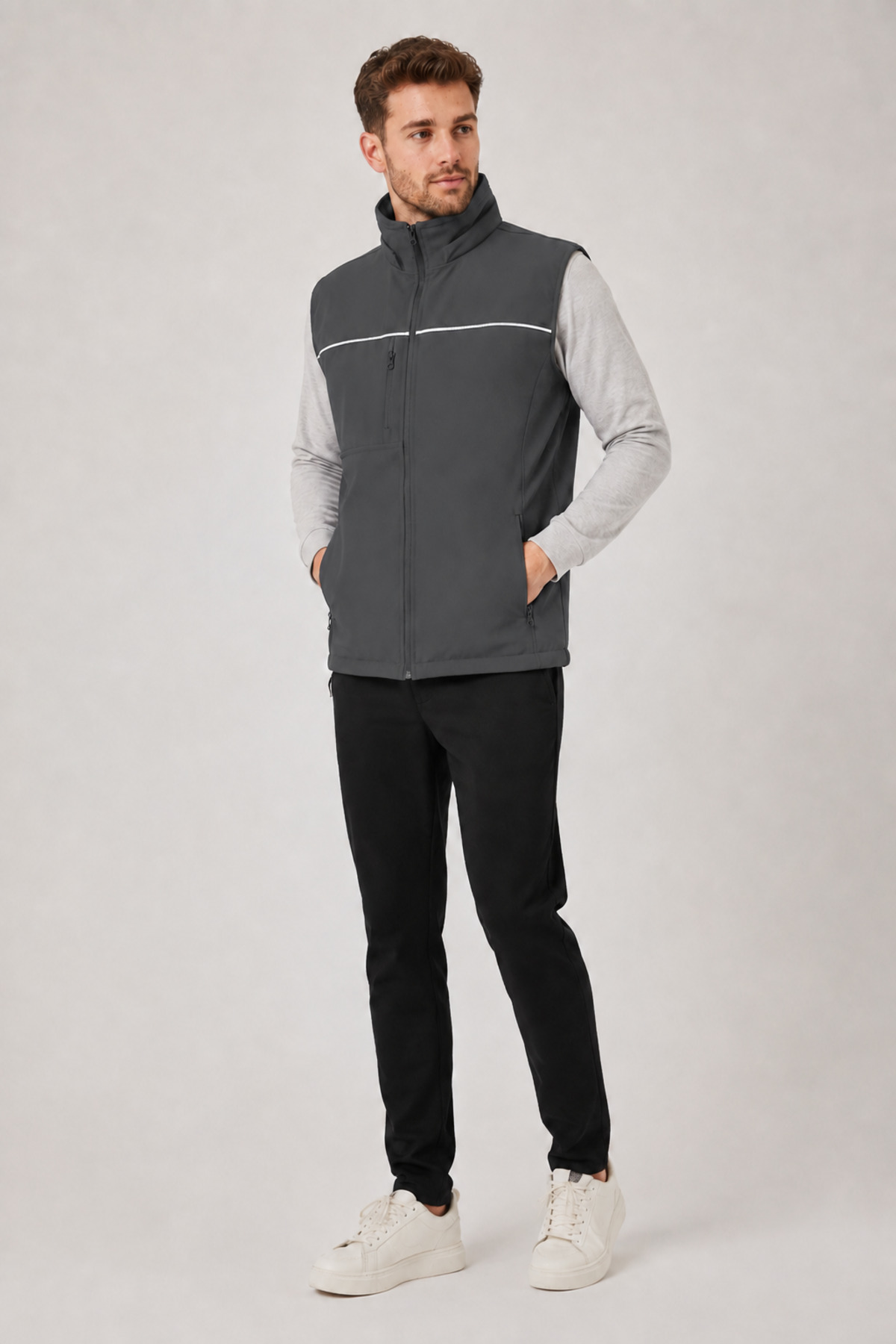 Reflektif Şeritli Su Geçirmez Unisex Softshell Yelek – Gri Gri · Fotoğraf 8