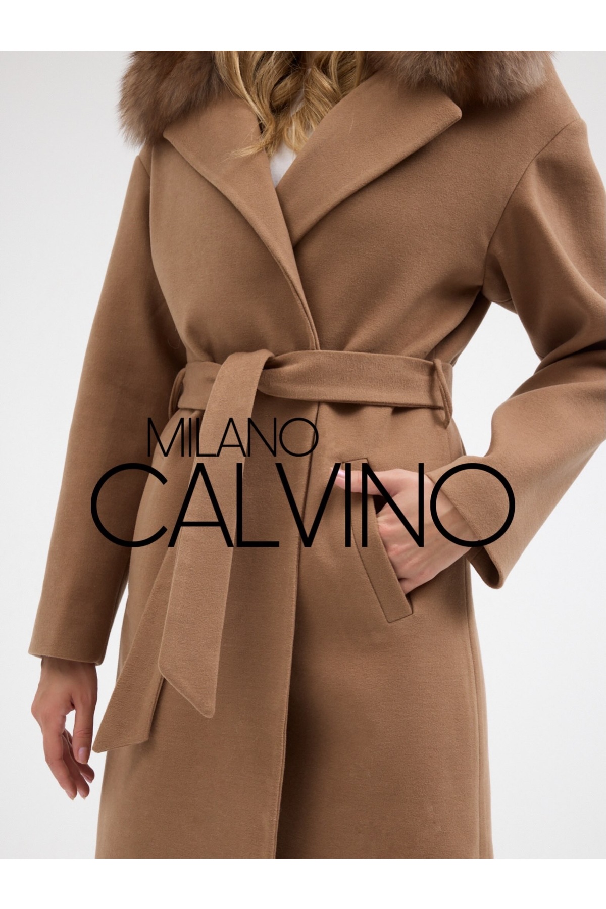 Milano Calvino CASH MEDIO, KAŞMİR KAŞE KÜRK YAKALI KEMERLİ PALTO görsel 8