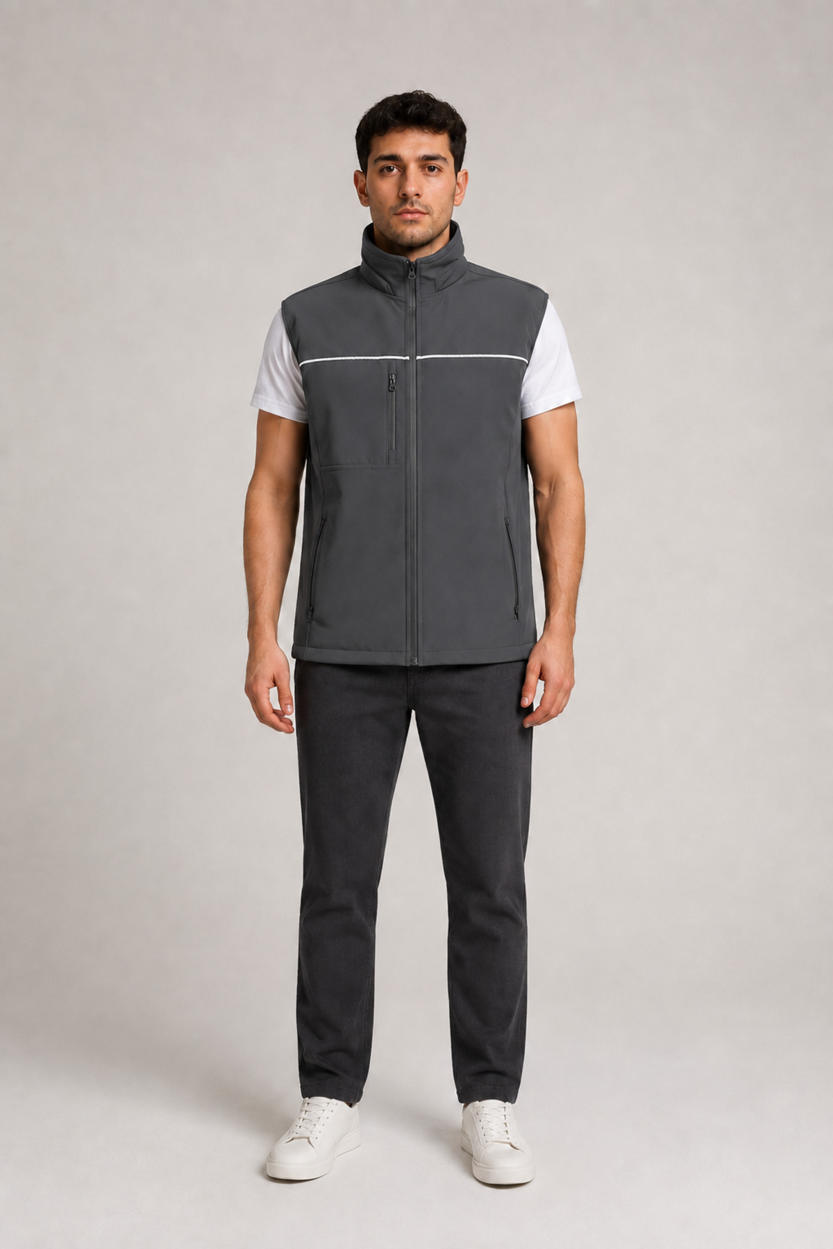 Reflektif Şeritli Su Geçirmez Unisex Softshell Yelek – Gri Gri · Fotoğraf 7