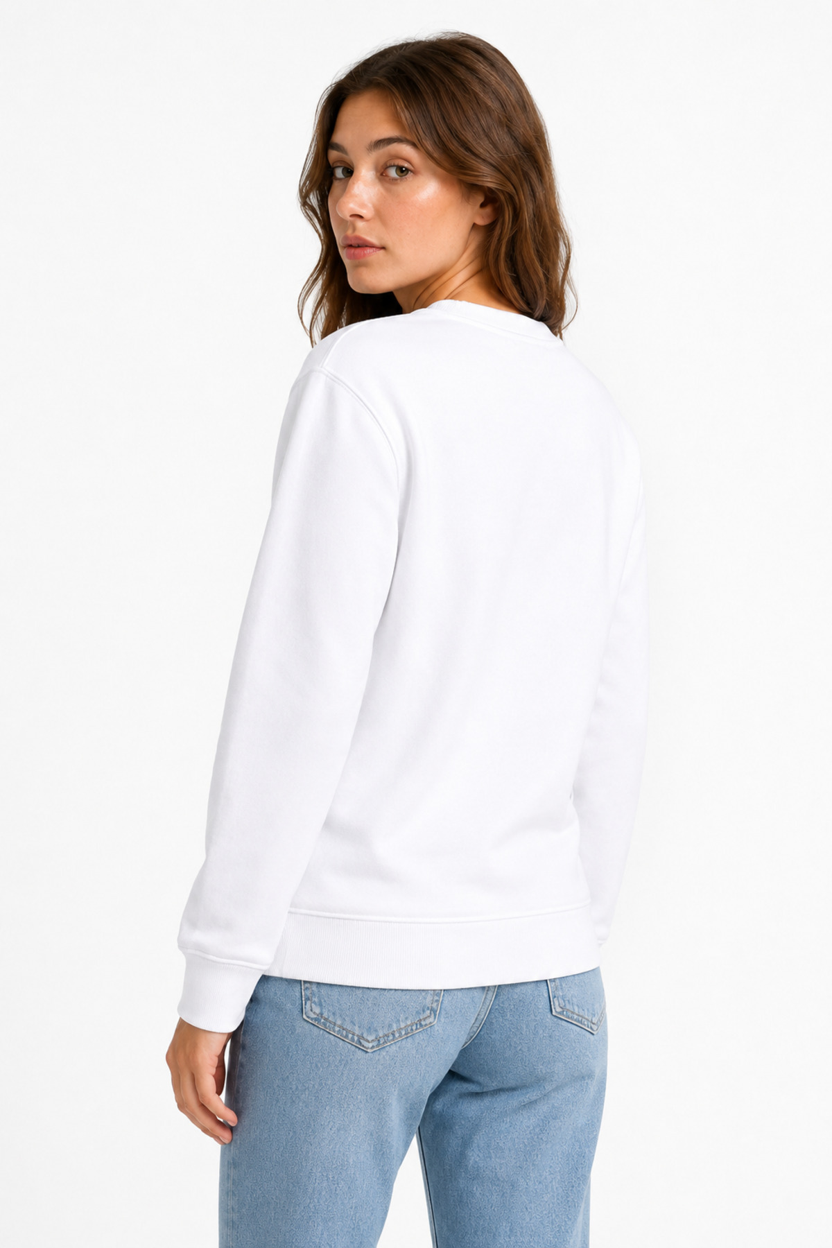 Unisex Beyaz Basic Bisiklet Yaka Uzun Kollu Sweatshirt Beyaz · Fotoğraf 6
