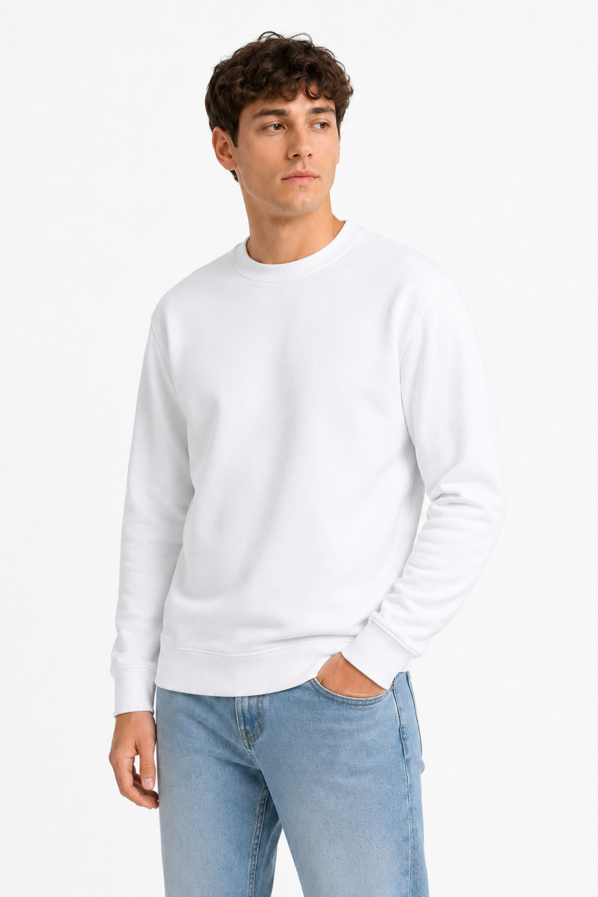 Unisex Beyaz Basic Bisiklet Yaka Uzun Kollu Sweatshirt Beyaz · Fotoğraf 7