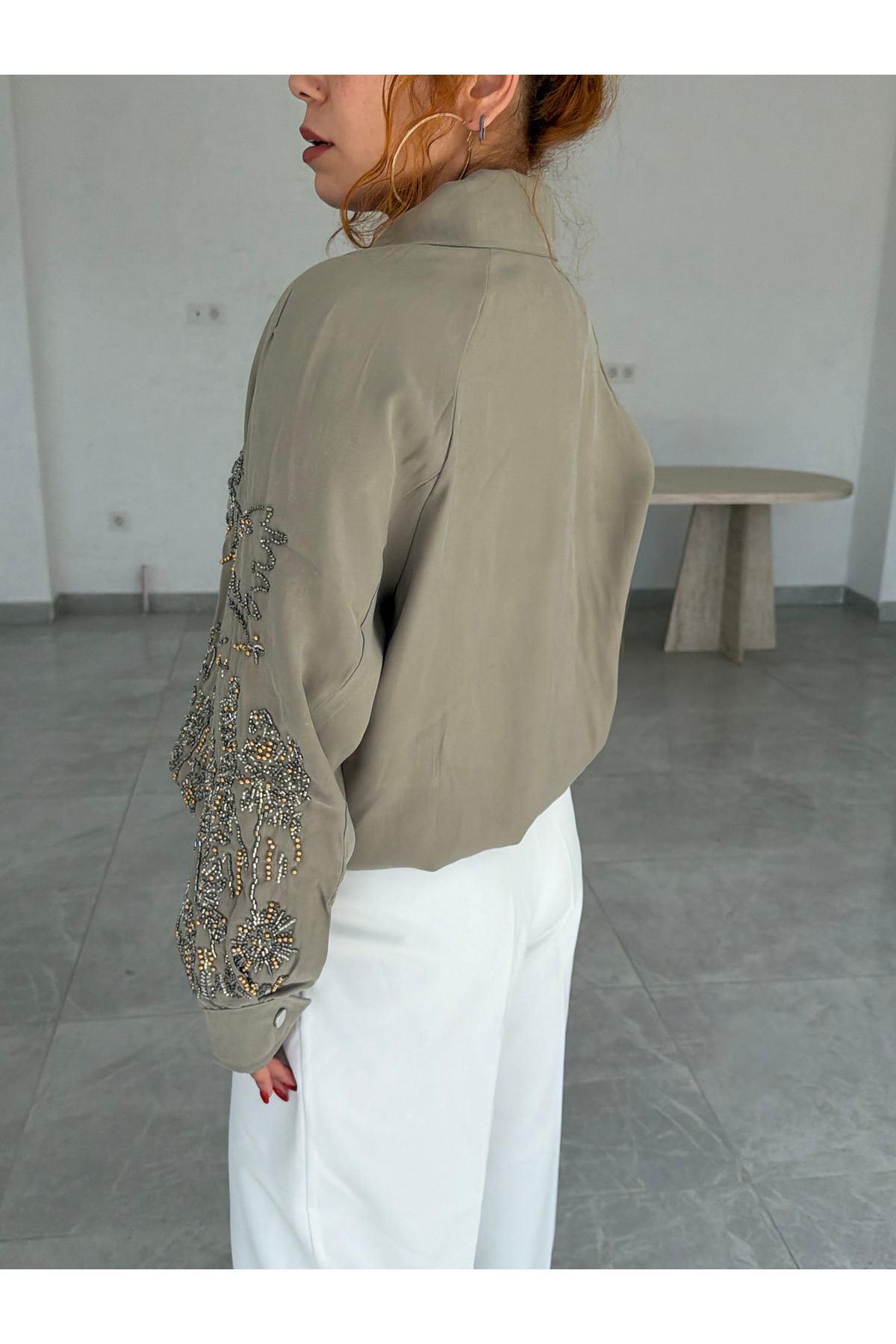 Bak'ap Premium Trend Büzgülü Boncuk İşlemeli Mevsimlik Oversize Ceket görsel 2