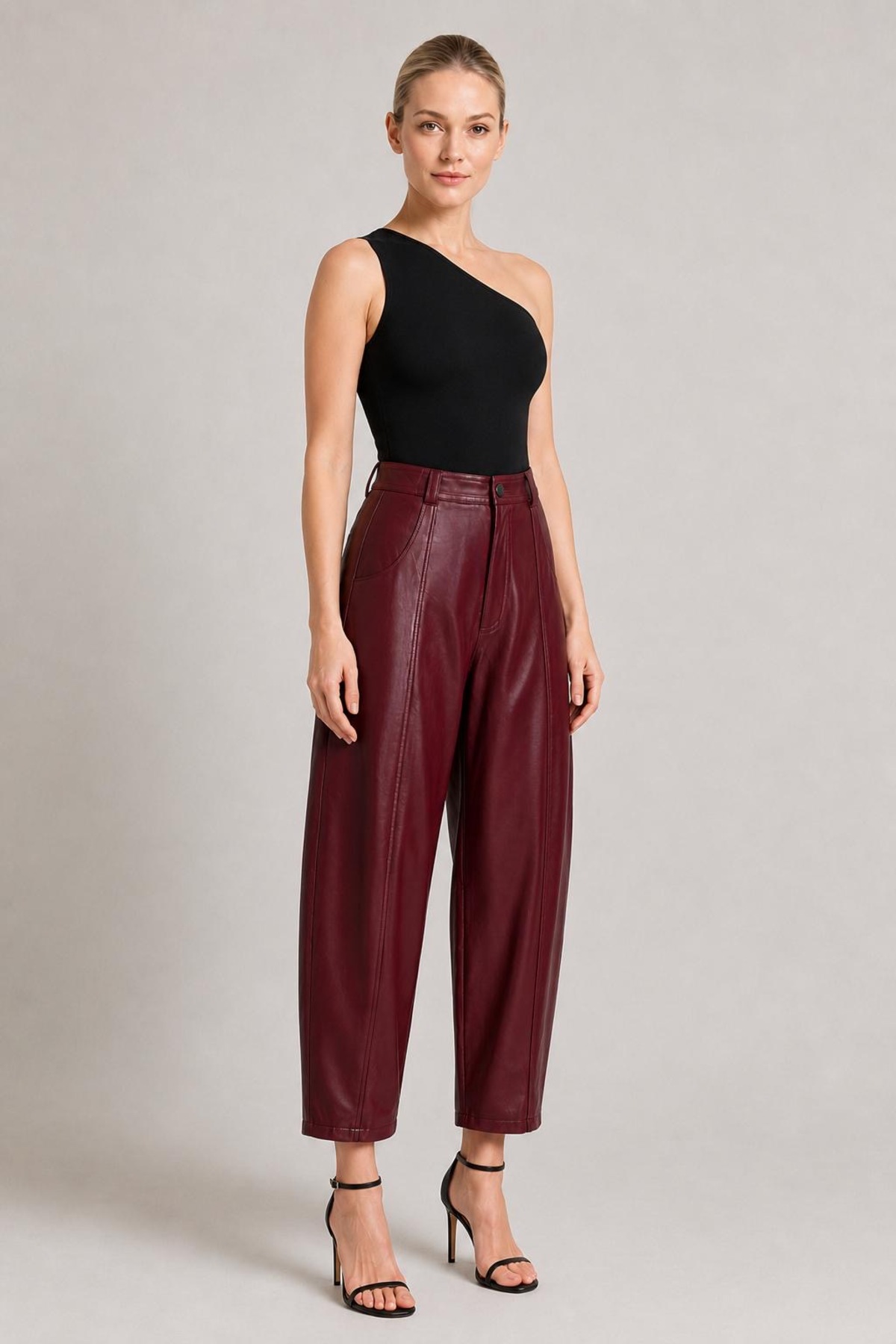 Grenj Fashion Bordo Yüksek Bel Barrel Boru Paça Suni Deri Pantolon görsel 3