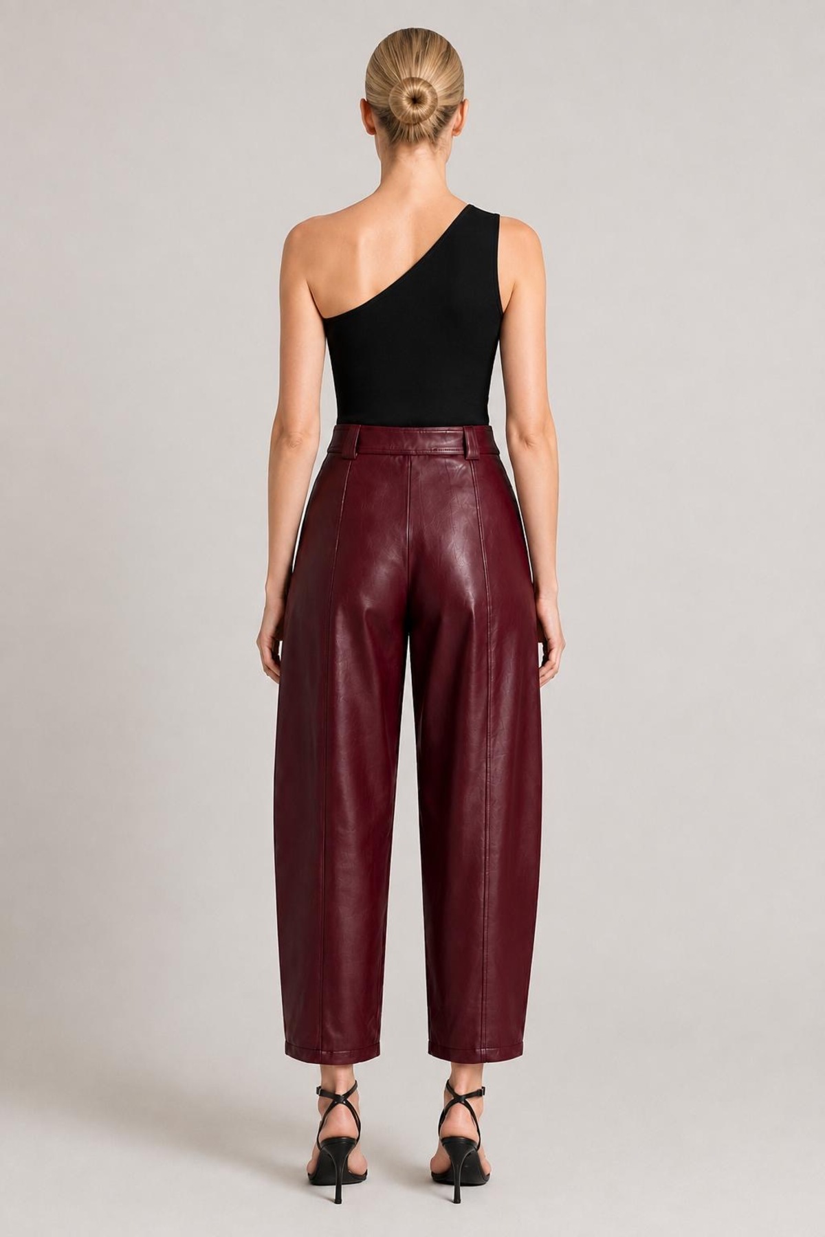 Grenj Fashion Bordo Yüksek Bel Barrel Boru Paça Suni Deri Pantolon görsel 6