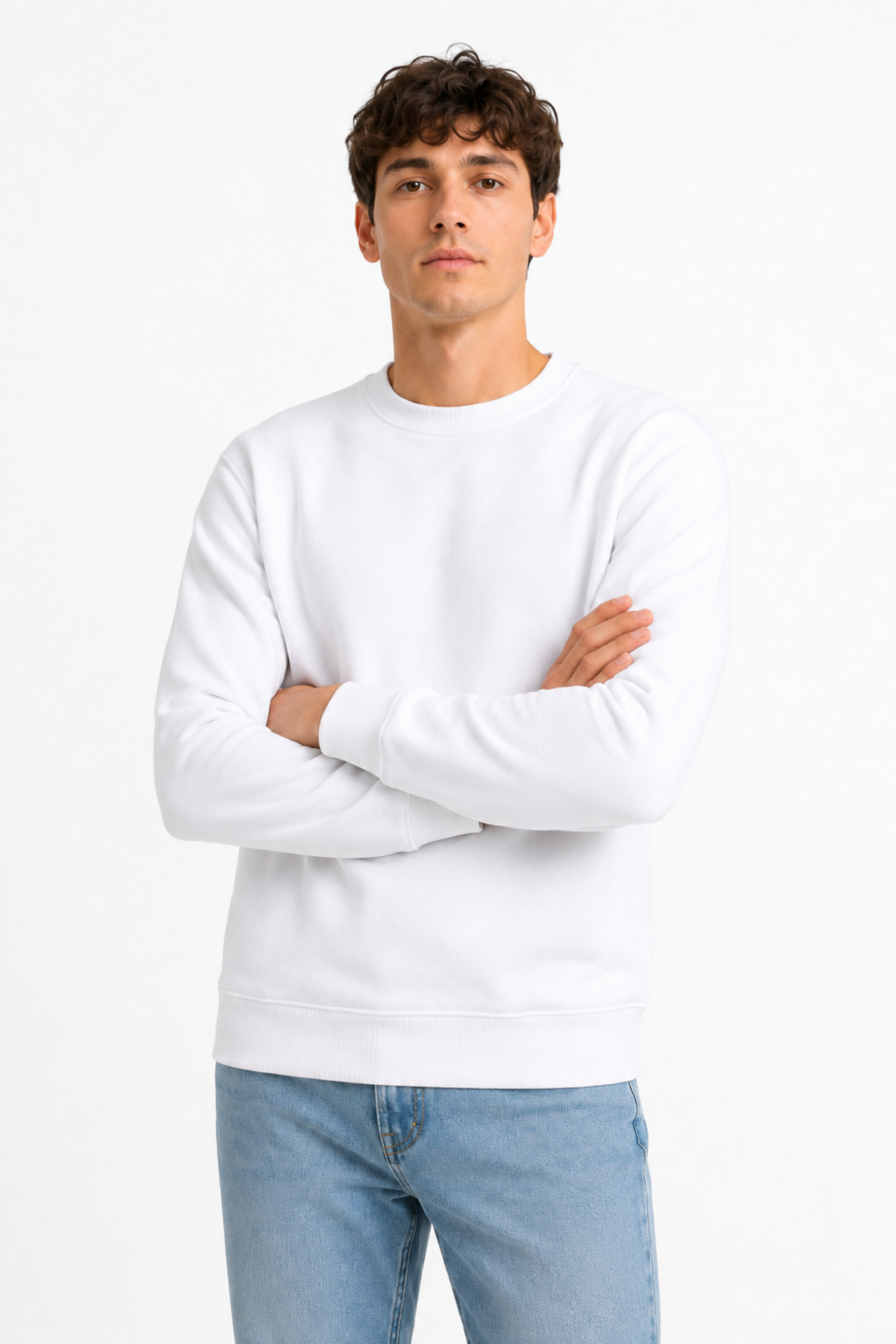 Unisex Beyaz Basic Bisiklet Yaka Uzun Kollu Sweatshirt Beyaz · Fotoğraf 2