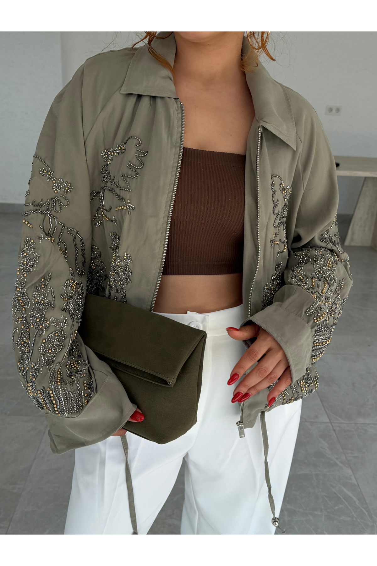 Bak'ap Premium Trend Büzgülü Boncuk İşlemeli Mevsimlik Oversize Ceket görsel 7