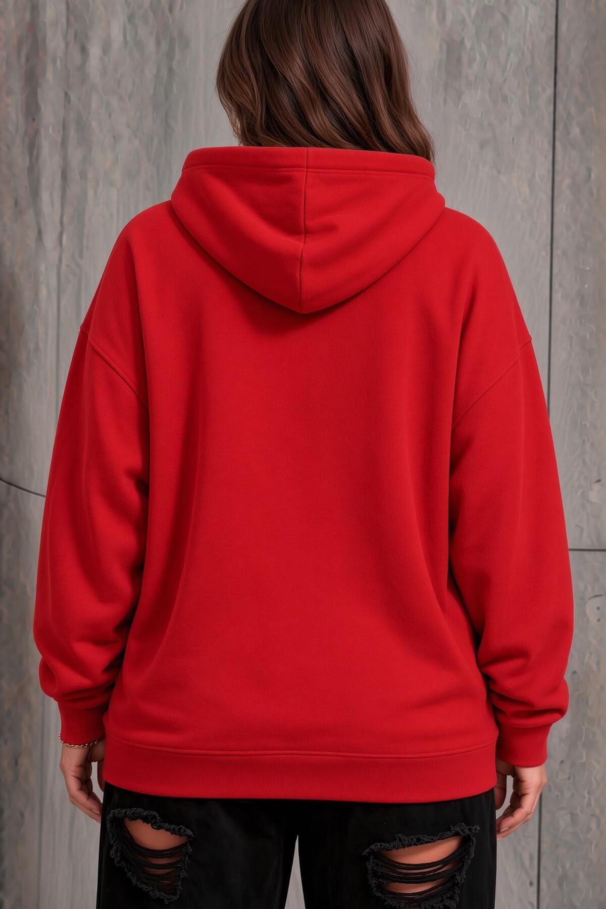 Oksit Bery Kadın Büyük Beden Battal Basic Kapüşonlu İki İplik Pamuklu Sweatshirt Rahat Kesim Unisex Sevgil görsel 2